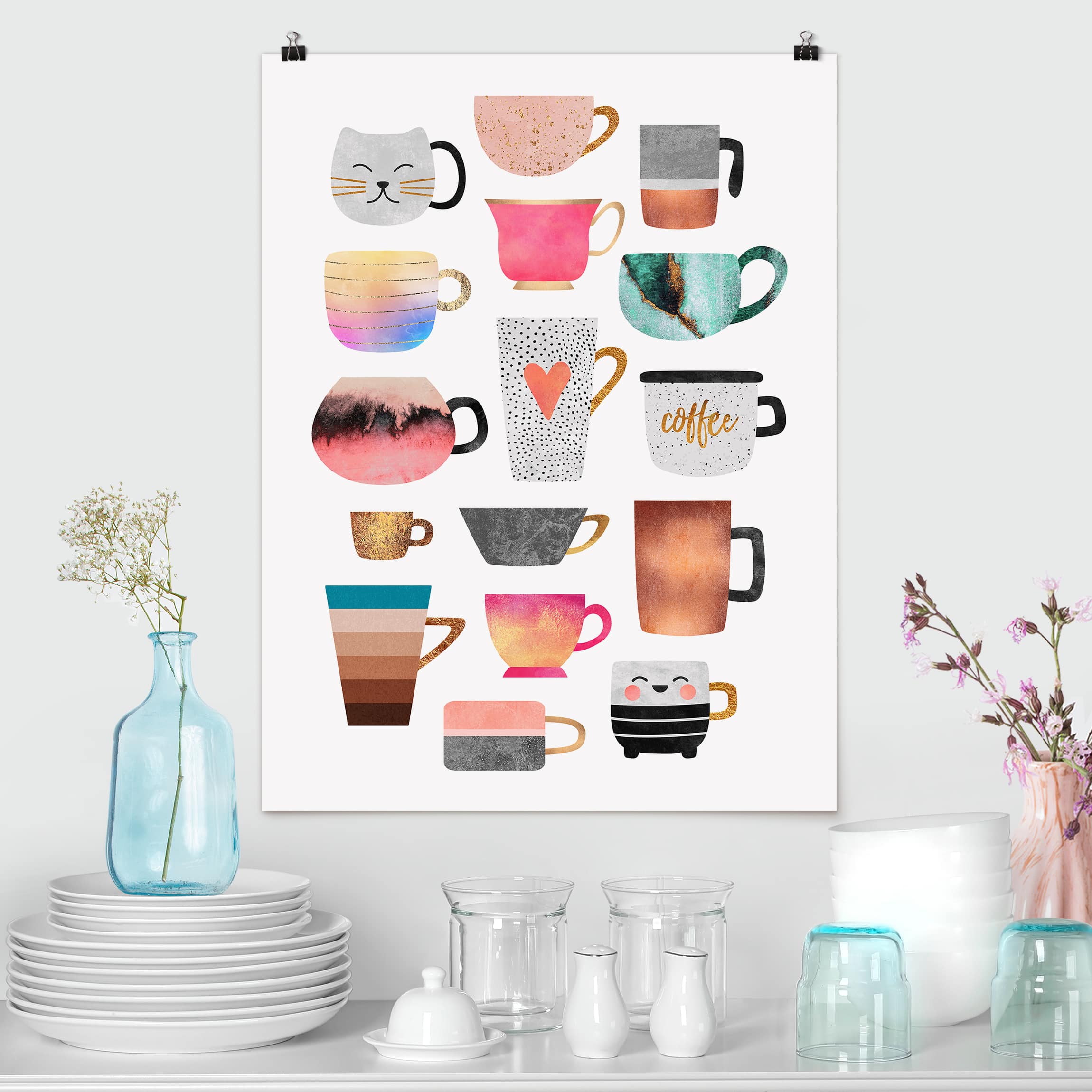 Poster - Hochformat Bunte Tassen mit Gold
