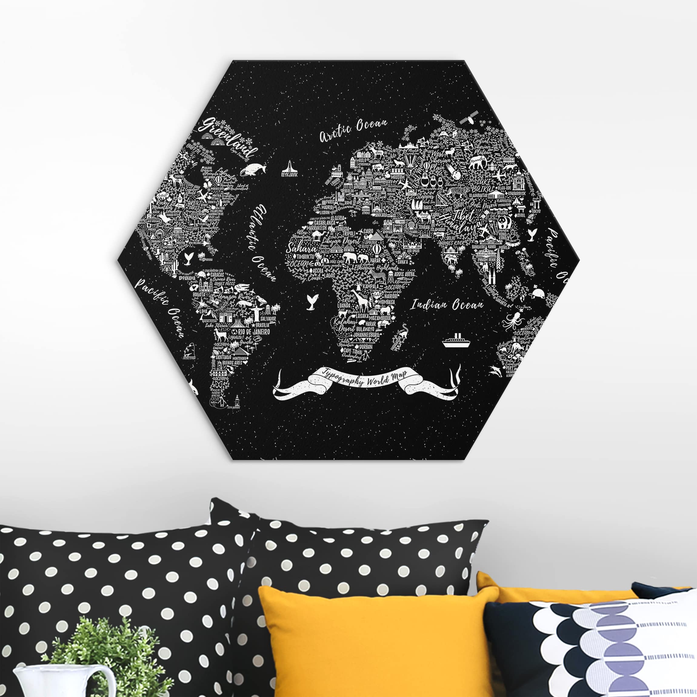 Hexagon-Alu-Dibond Bild Typografie Weltkarte schwarz