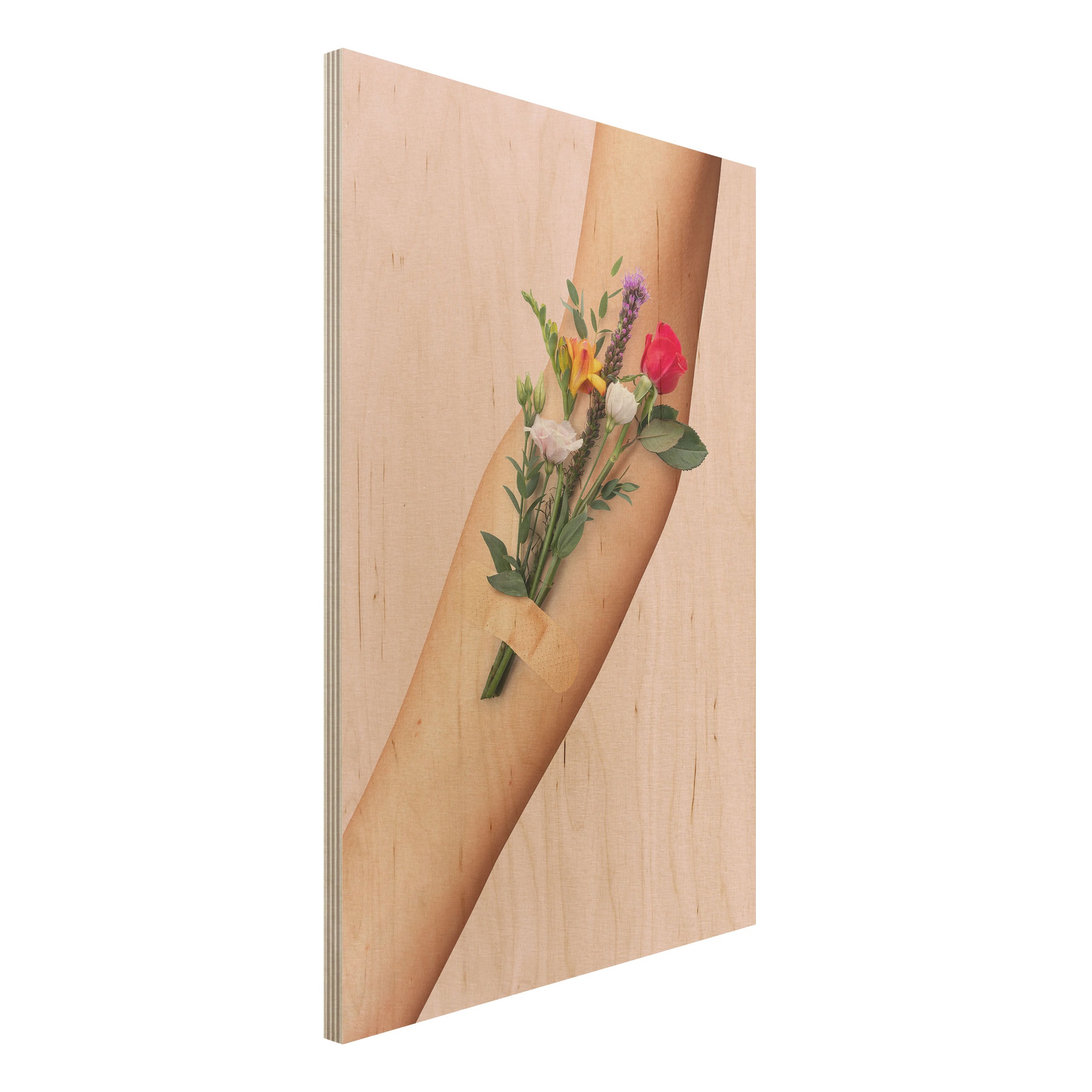 Holzbild - Hochformat 2:3 Arm mit Blumen