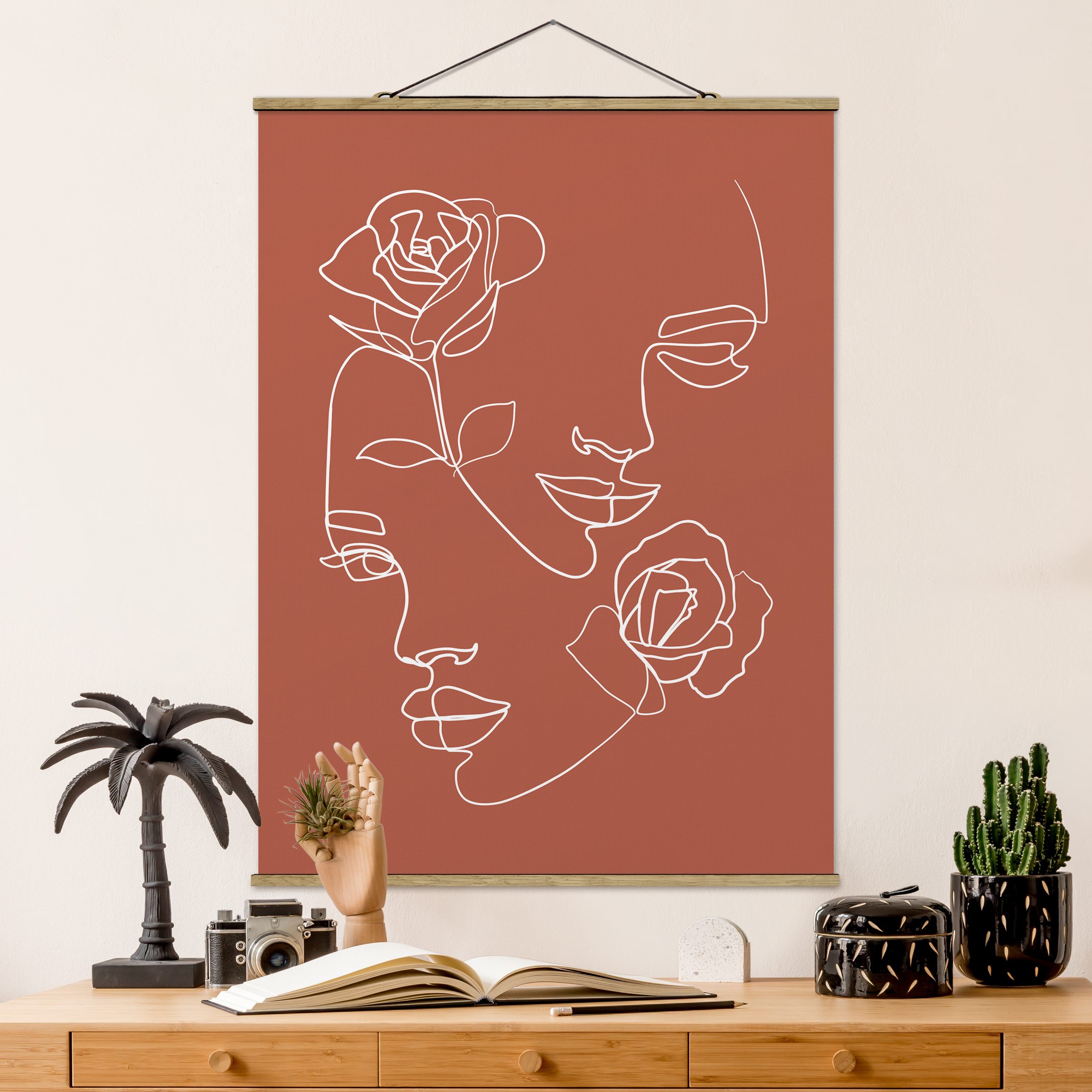 Stoffbild - Hochformat Line Art Gesichter Frauen Rosen Kupfer