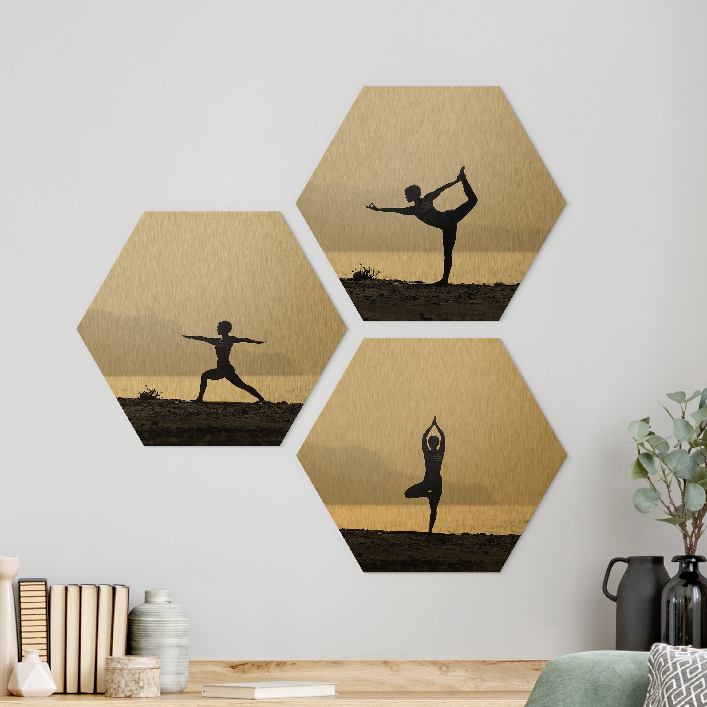 3-teiliges Hexagon-Alu-Dibond Bild Yoga Trio
