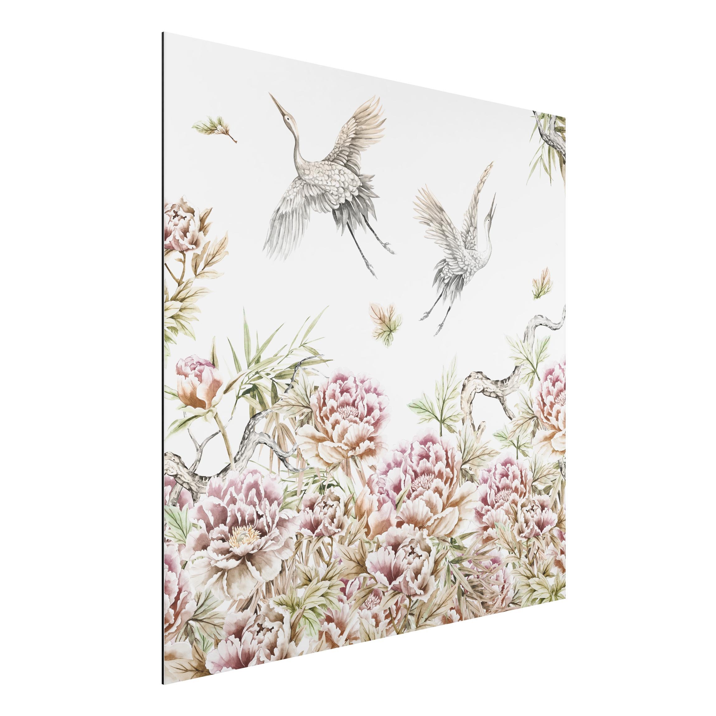 Alu-Dibond Outdoor Bild Aquarell Störche im Flug mit Rosen