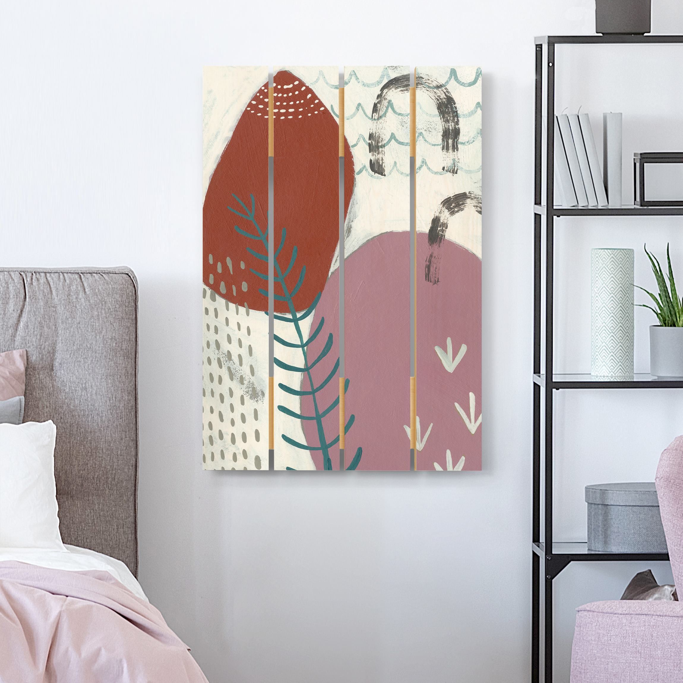 Holzbild Plankenoptik - Hochformat Karneval der Formen in Beere II