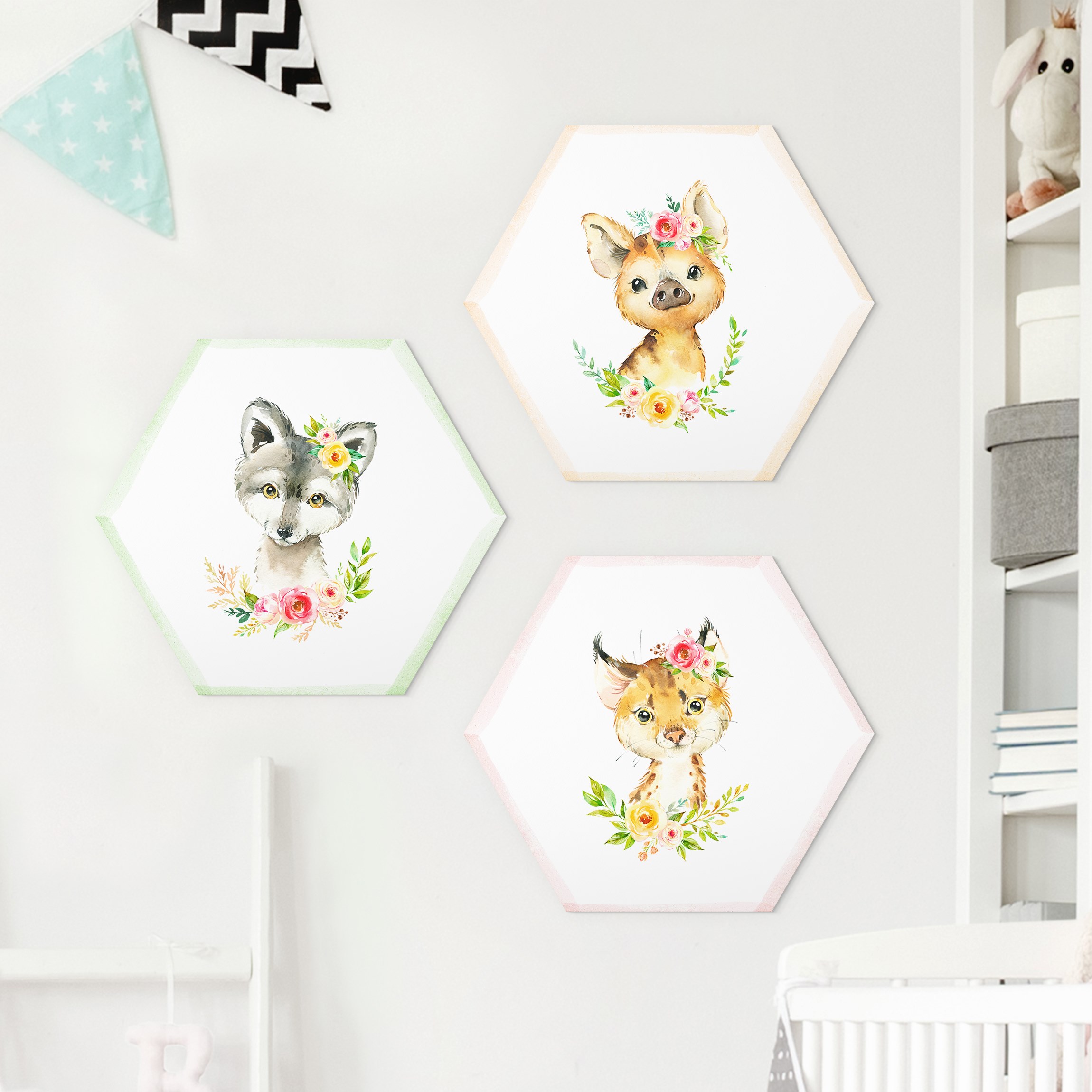 3-teiliges Hexagon-Forexbild Aquarell Waldtiere mit Blumen Set II