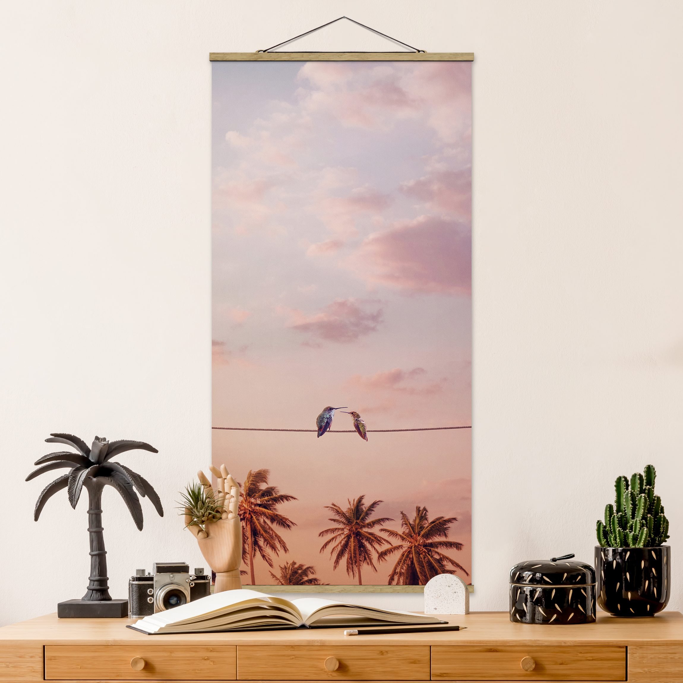 Stoffbild mit Posterleisten Sonnenuntergang mit Kolibris