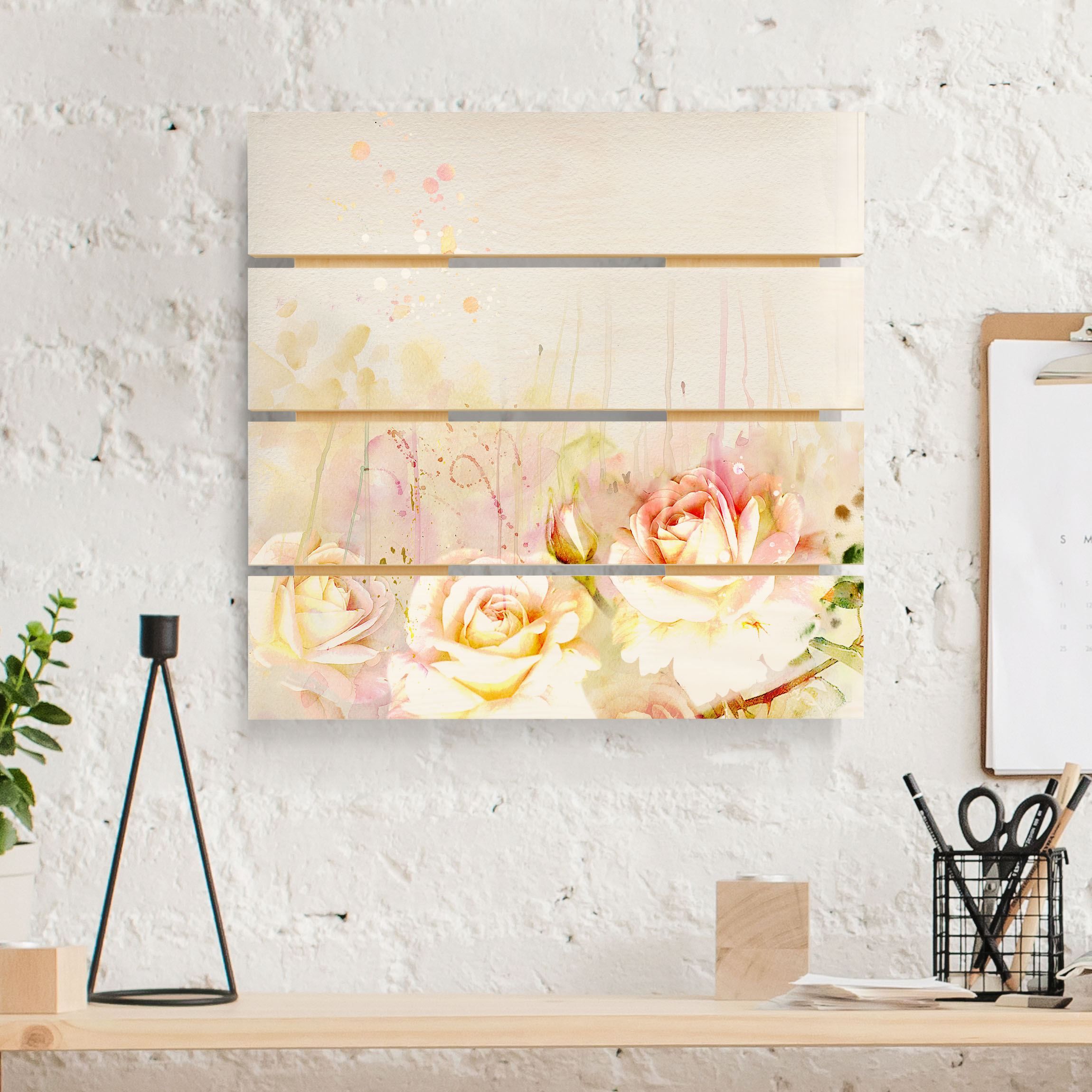 Holzbild Plankenoptik Aquarell Blumen Rosen