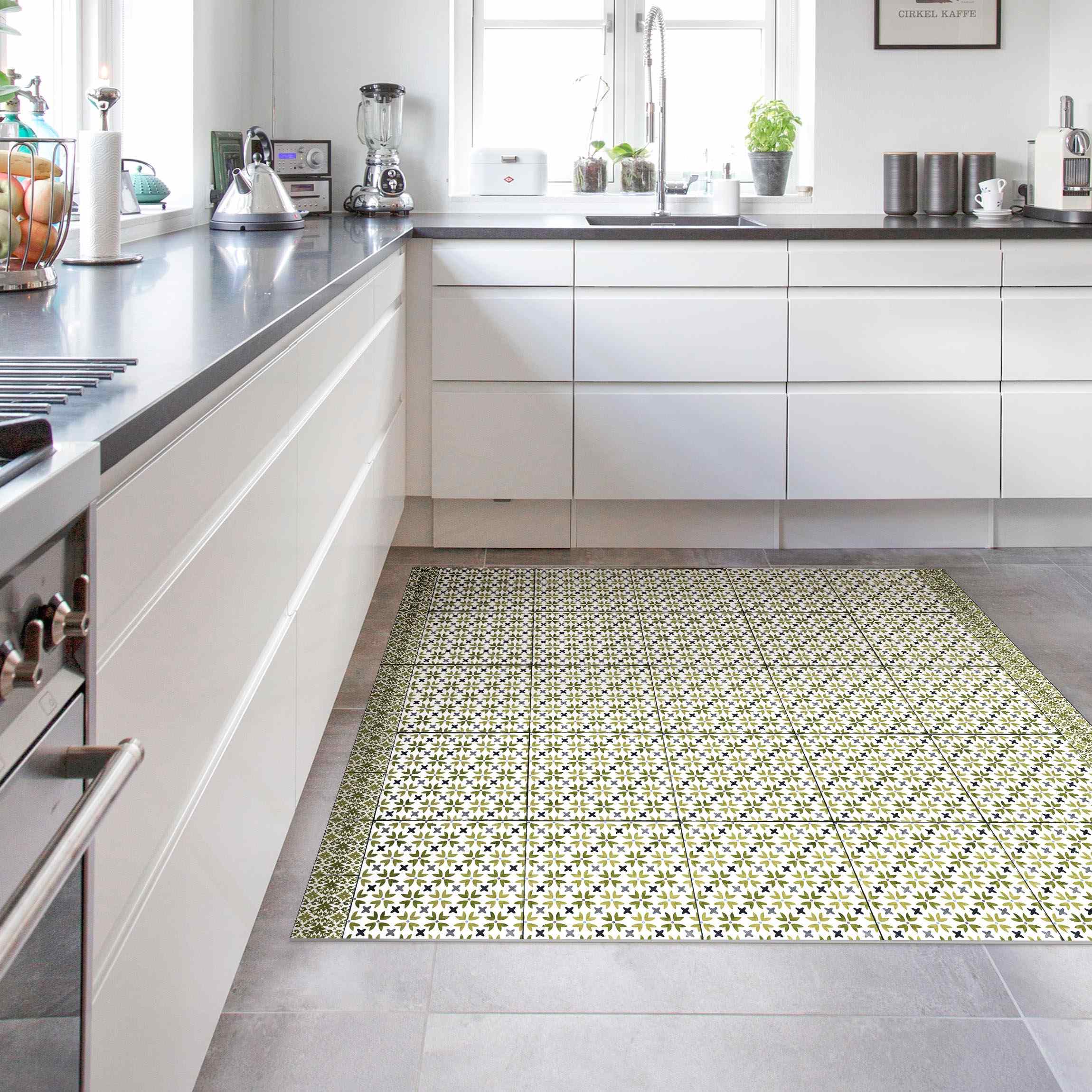 Vinylteppich Marokkanische Fliesen Grüne Blütenblätter mit Bordüre