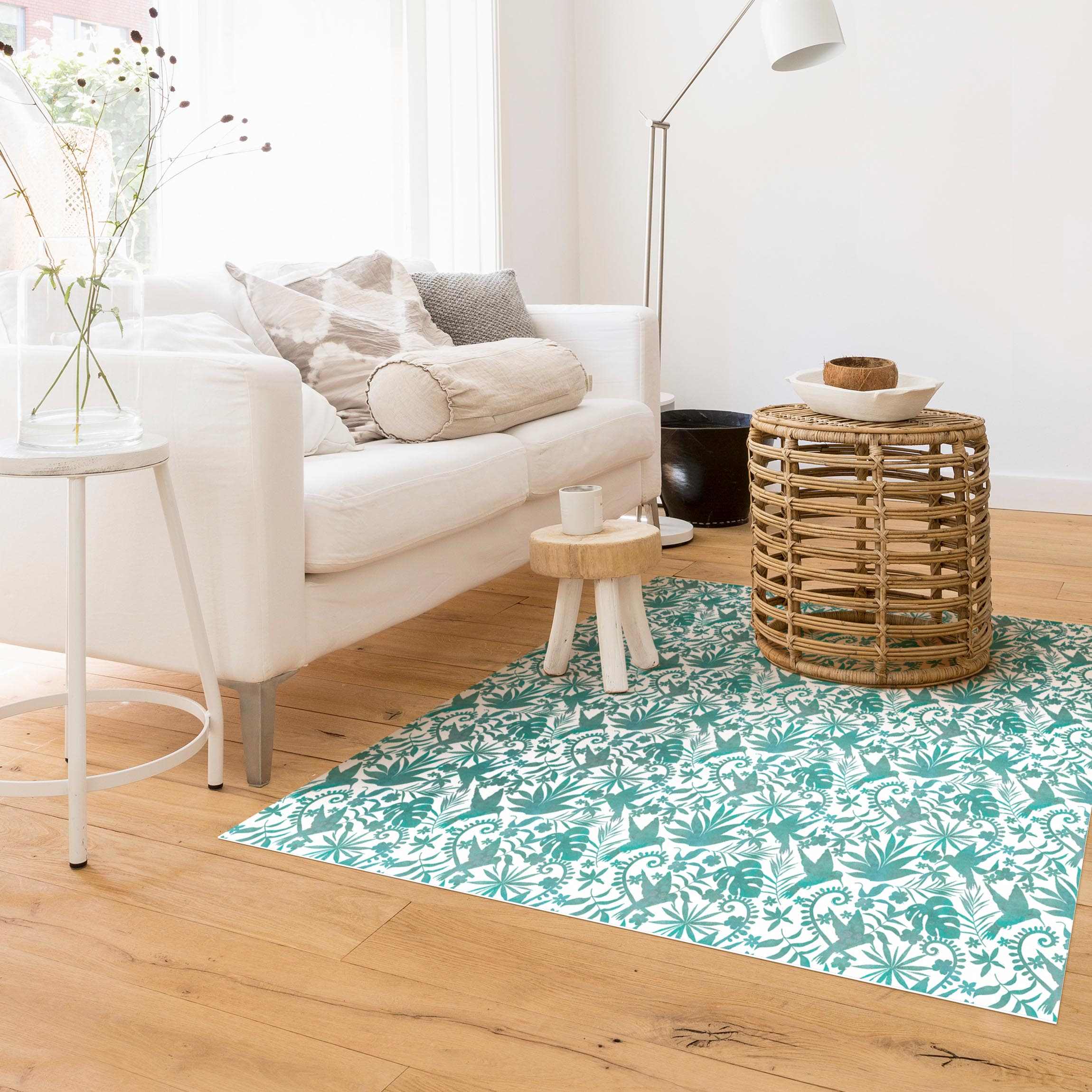 Vinylteppich Aquarell Kolibri und Pflanzen Silhouetten Muster in Türkis