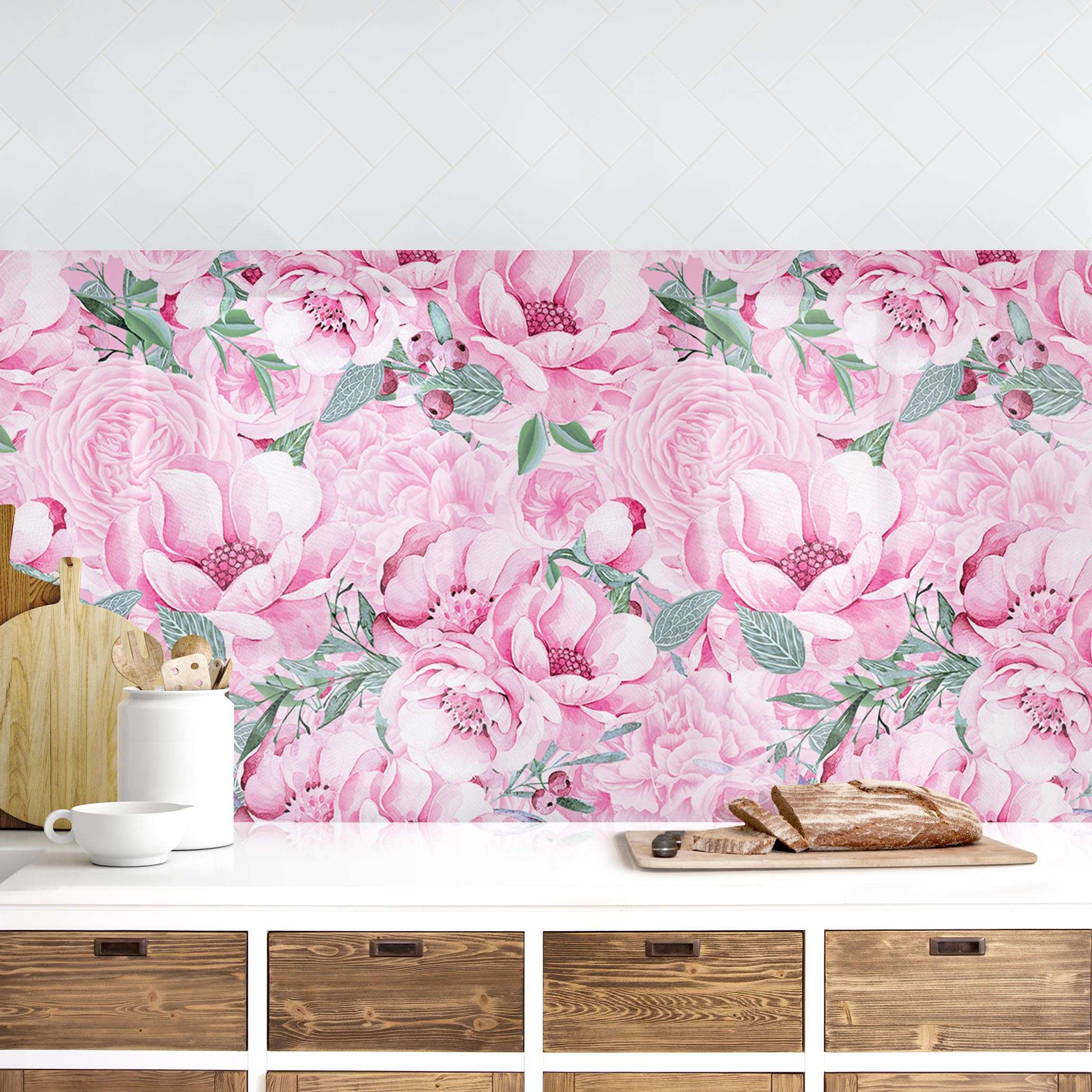 Küchenrückwand Rosa Blütentraum Pastell Rosen in Aquarell