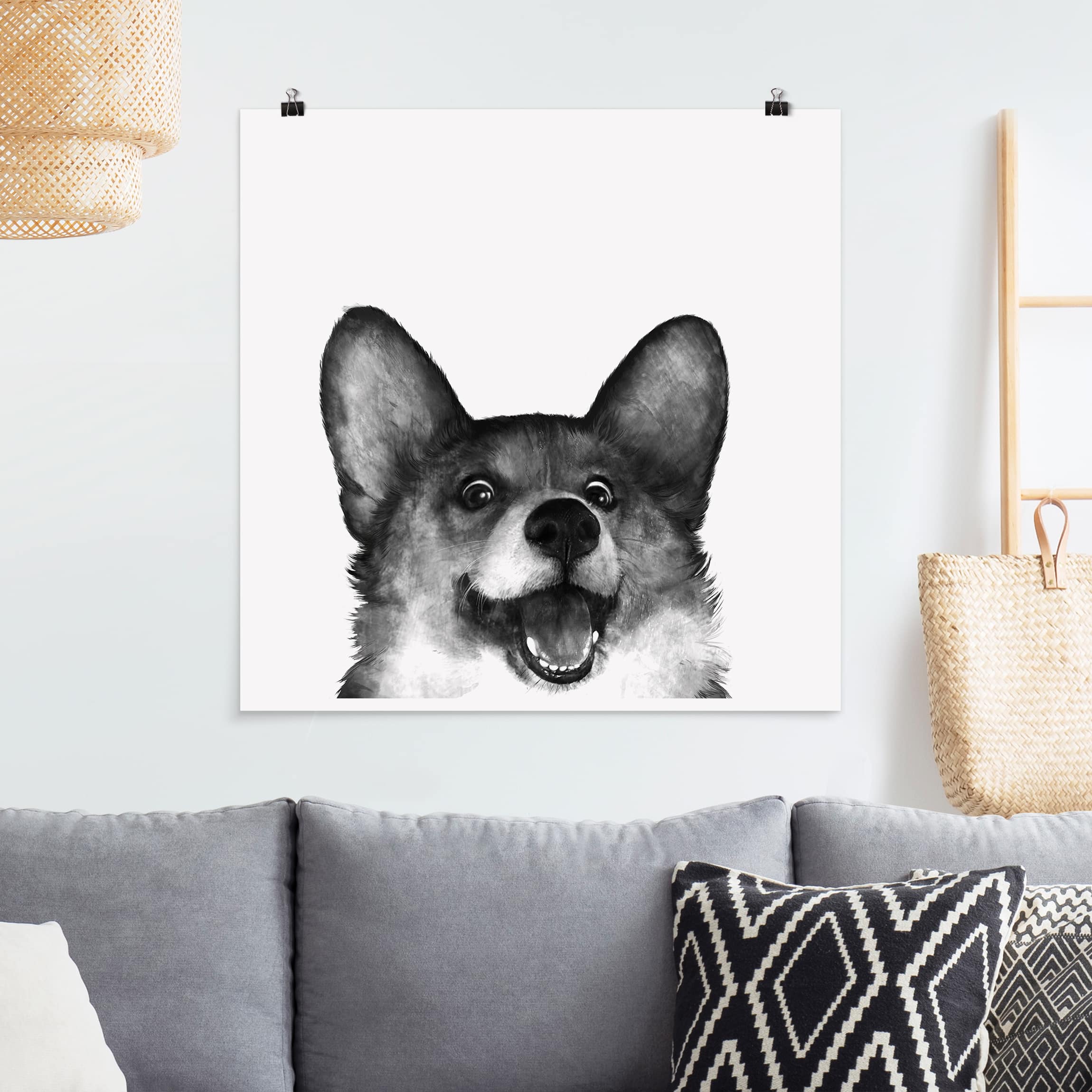 Poster - Quadrat Illustration Hund Corgi Weiß Schwarz Malerei