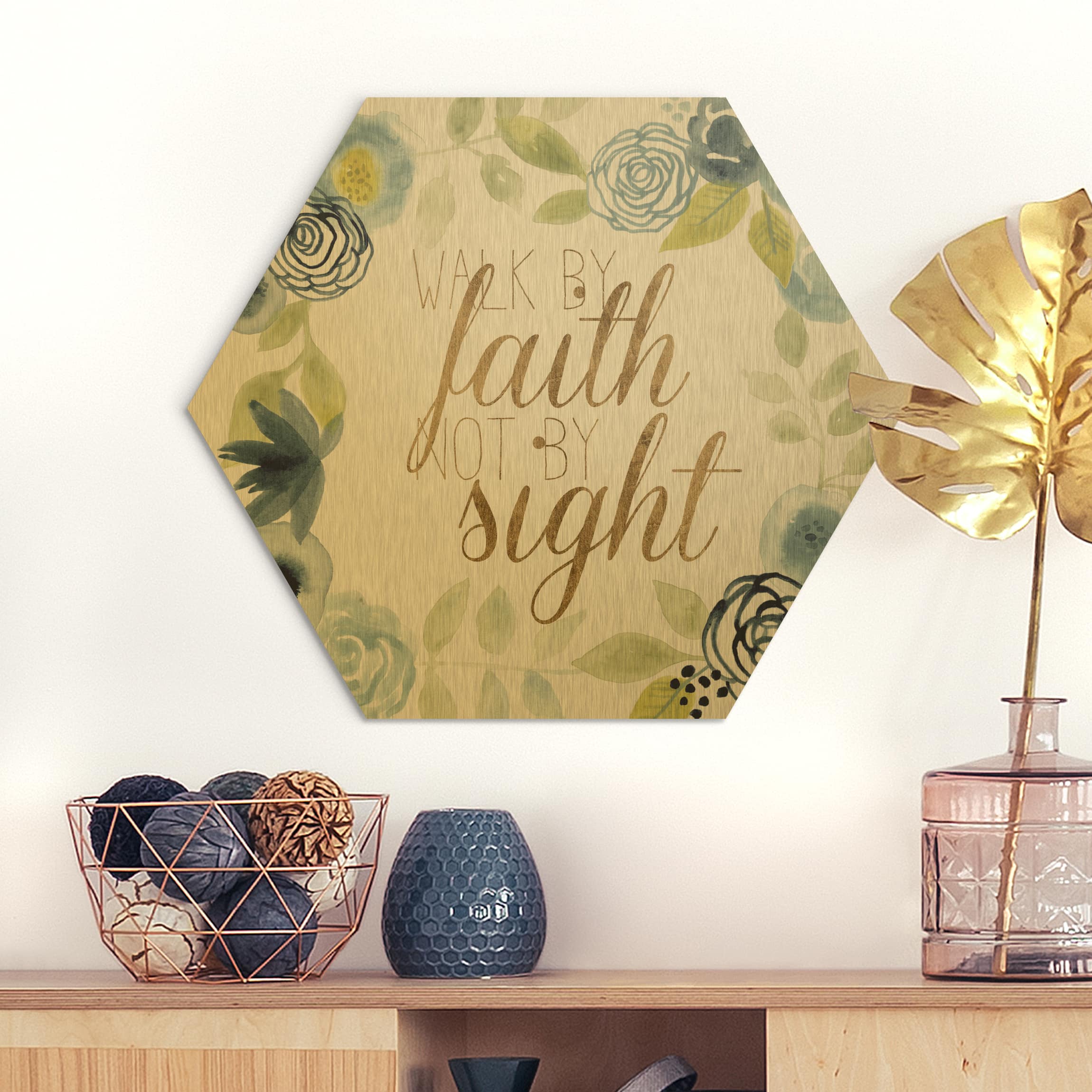 Hexagon-Alu-Dibond Bild Blumenkranz mit Spruch - Faith