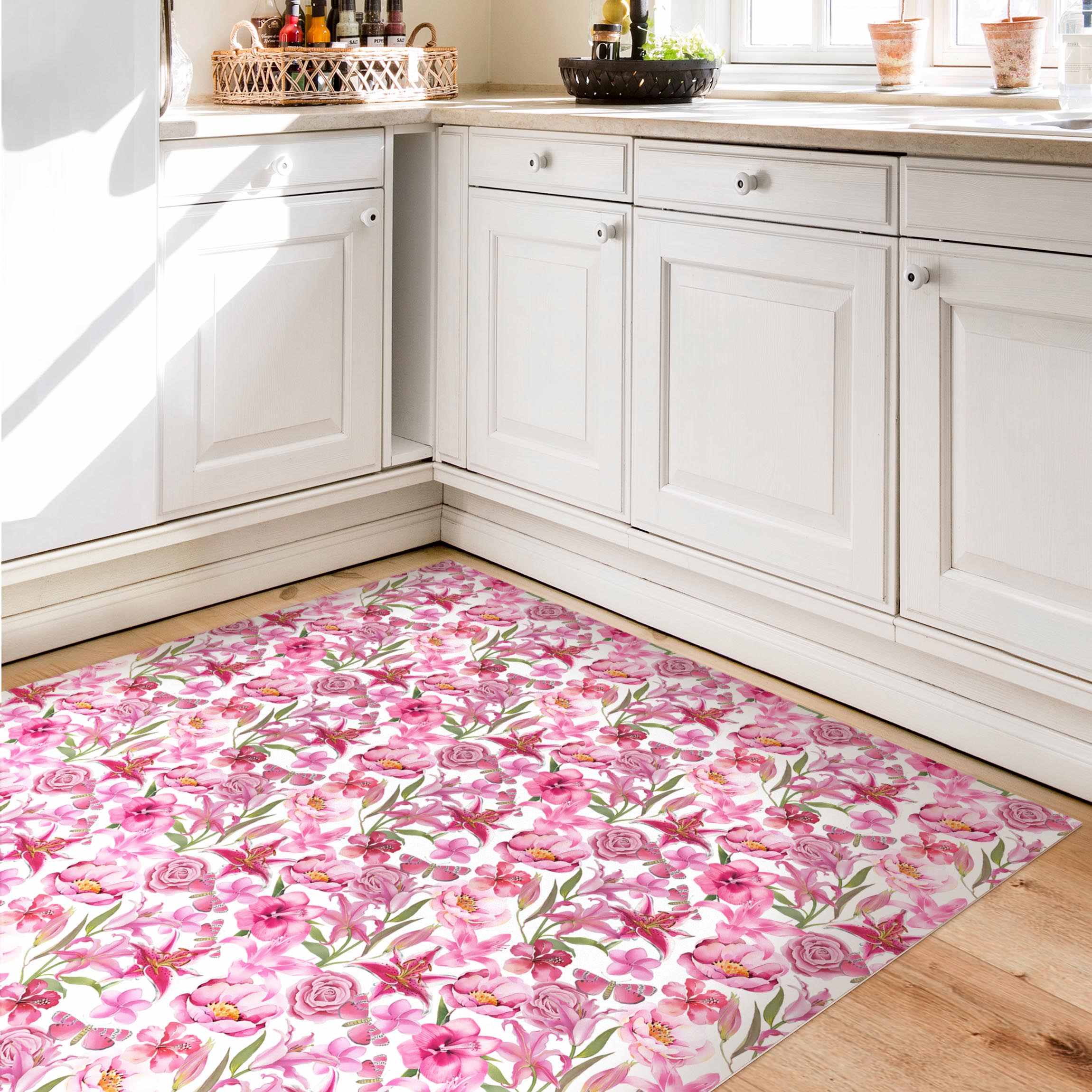 Vinylteppich Pinke Blumen mit Schmetterlingen