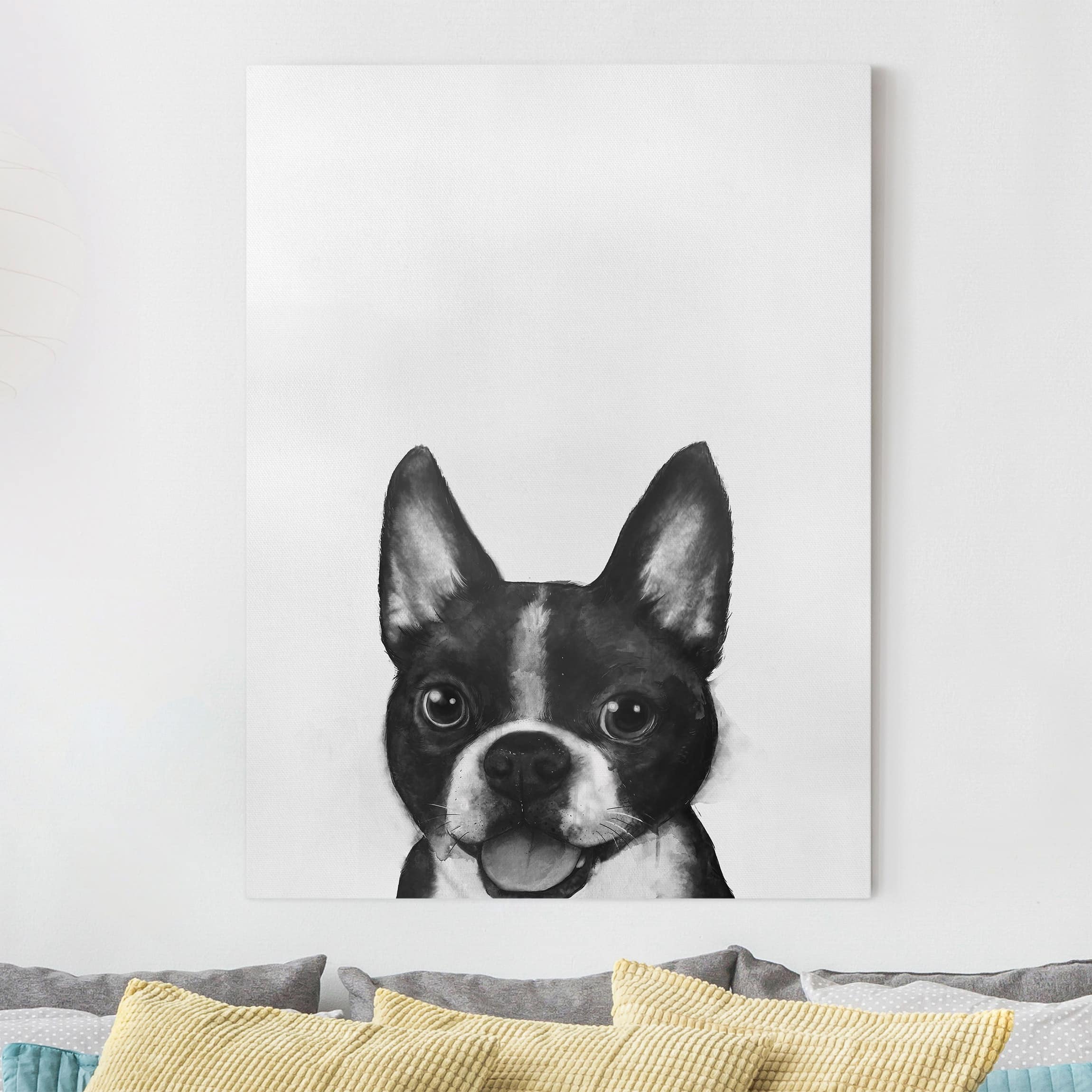 Leinwandbild - Hochformat Illustration Hund Boston Schwarz Weiß Malerei