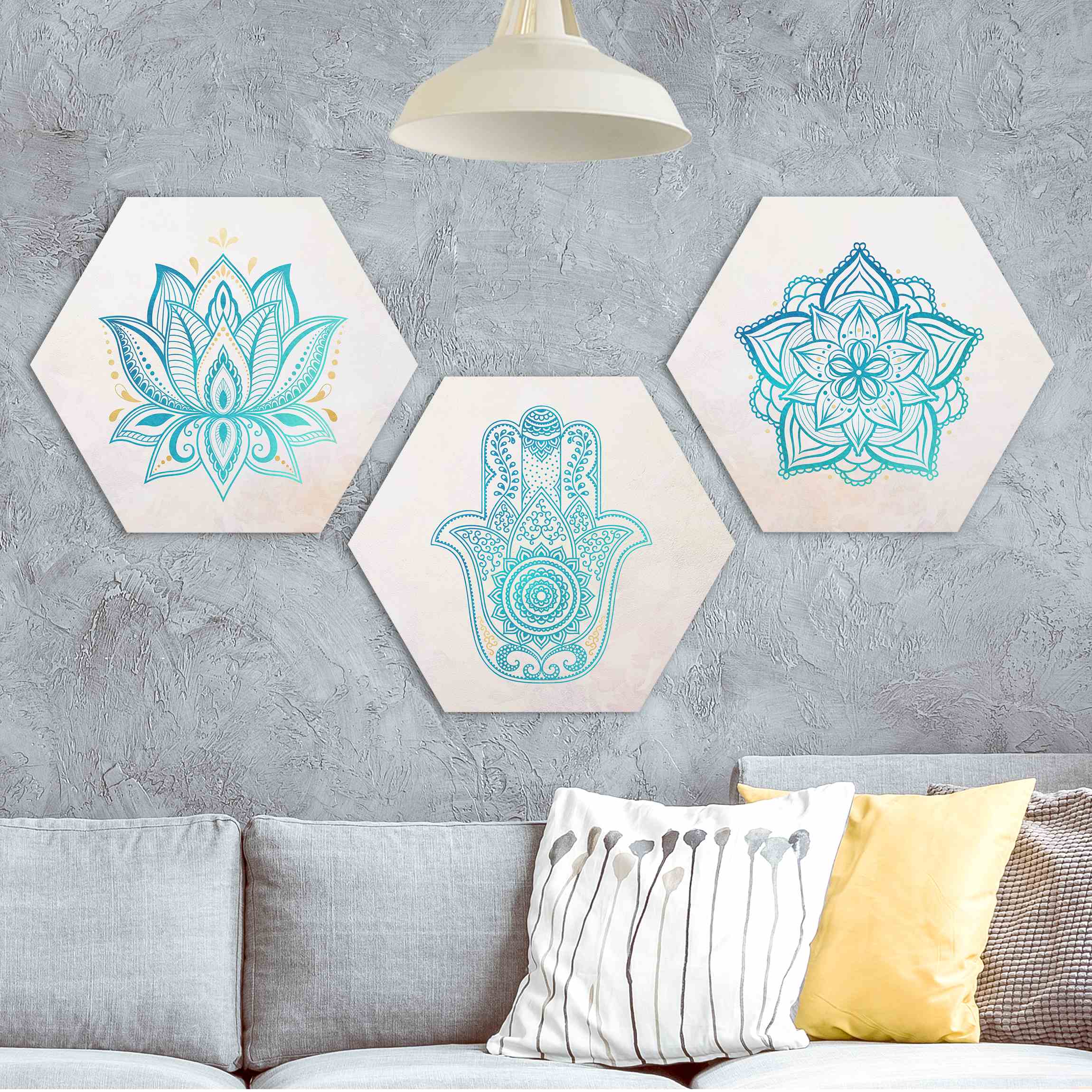 3-teiliges Hexagon-Alu-Dibond Bild Mandala Hamsa Hand Lotus Set Gold Blau