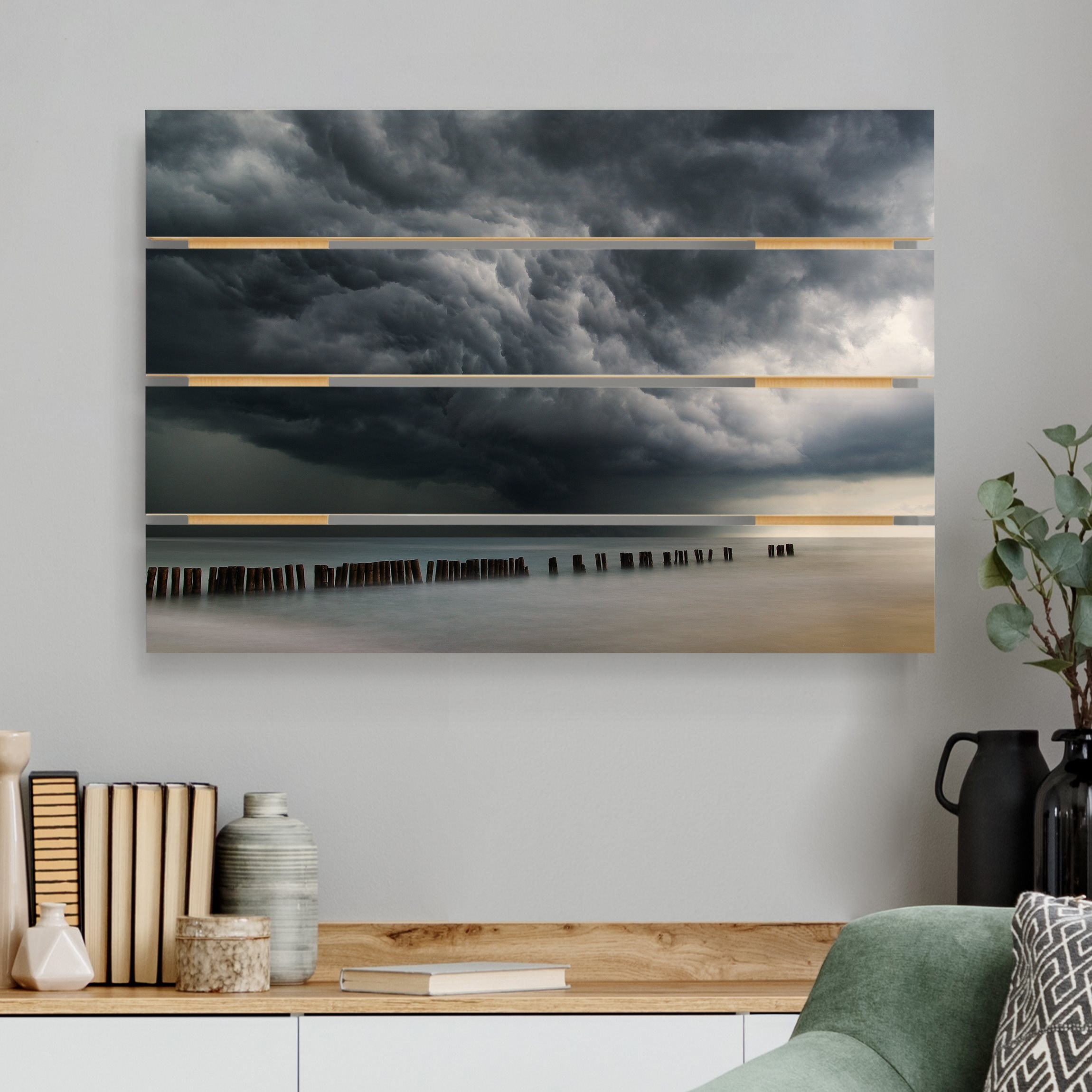 Holzbild Plankenoptik - Querformat Sturmwolken über der Ostsee