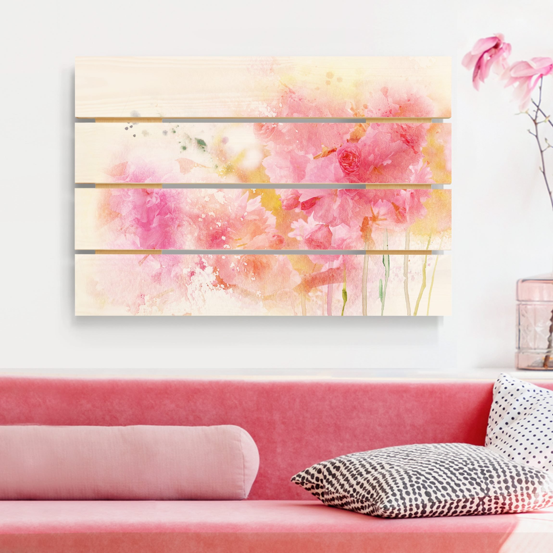 Holzbild Plankenoptik - Querformat Aquarell Blumen Pfingstrosen