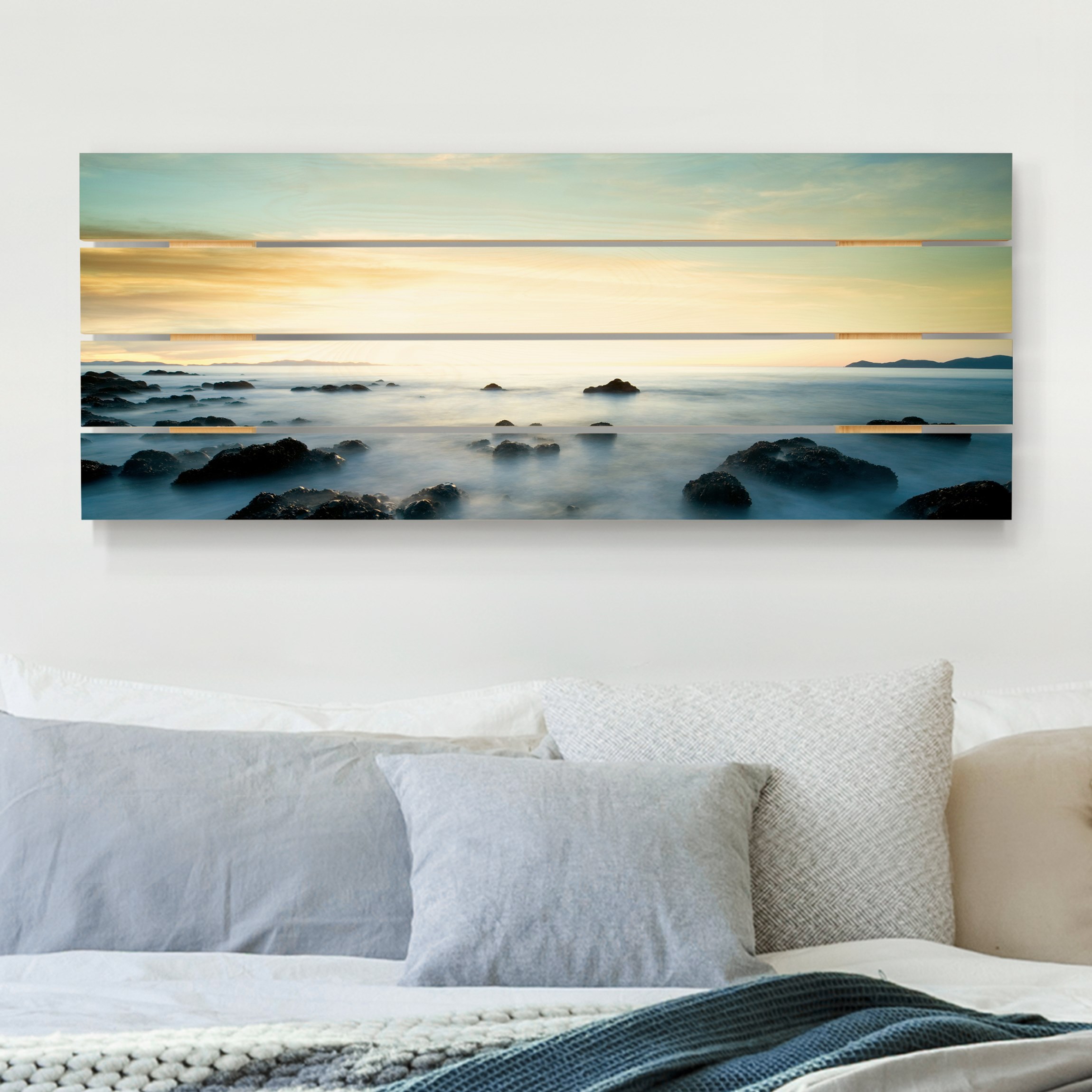 Holzbild Plankenoptik - Panorama Sonnenuntergang über dem Ozean