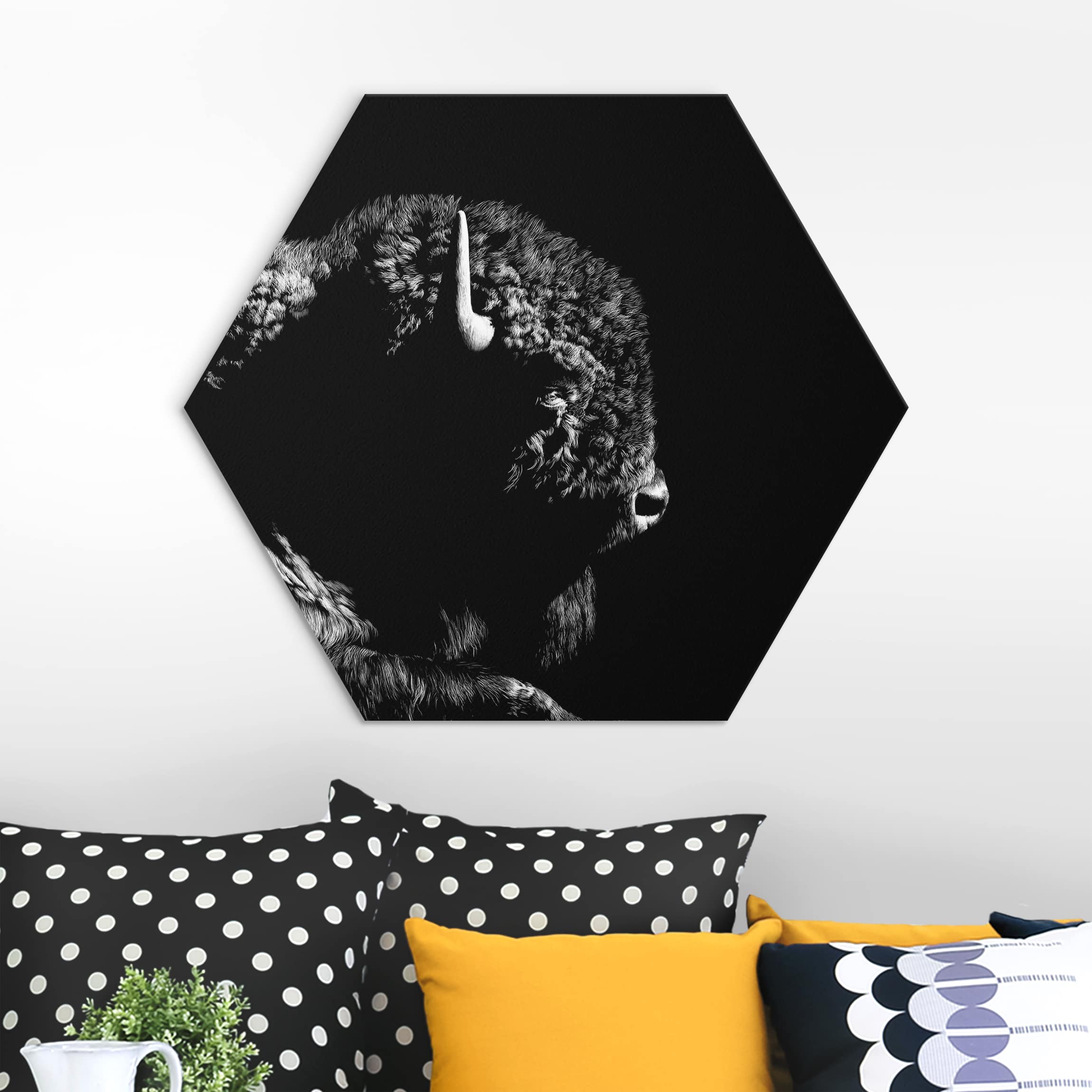Hexagon-Alu-Dibond Bild Bison vor Schwarz