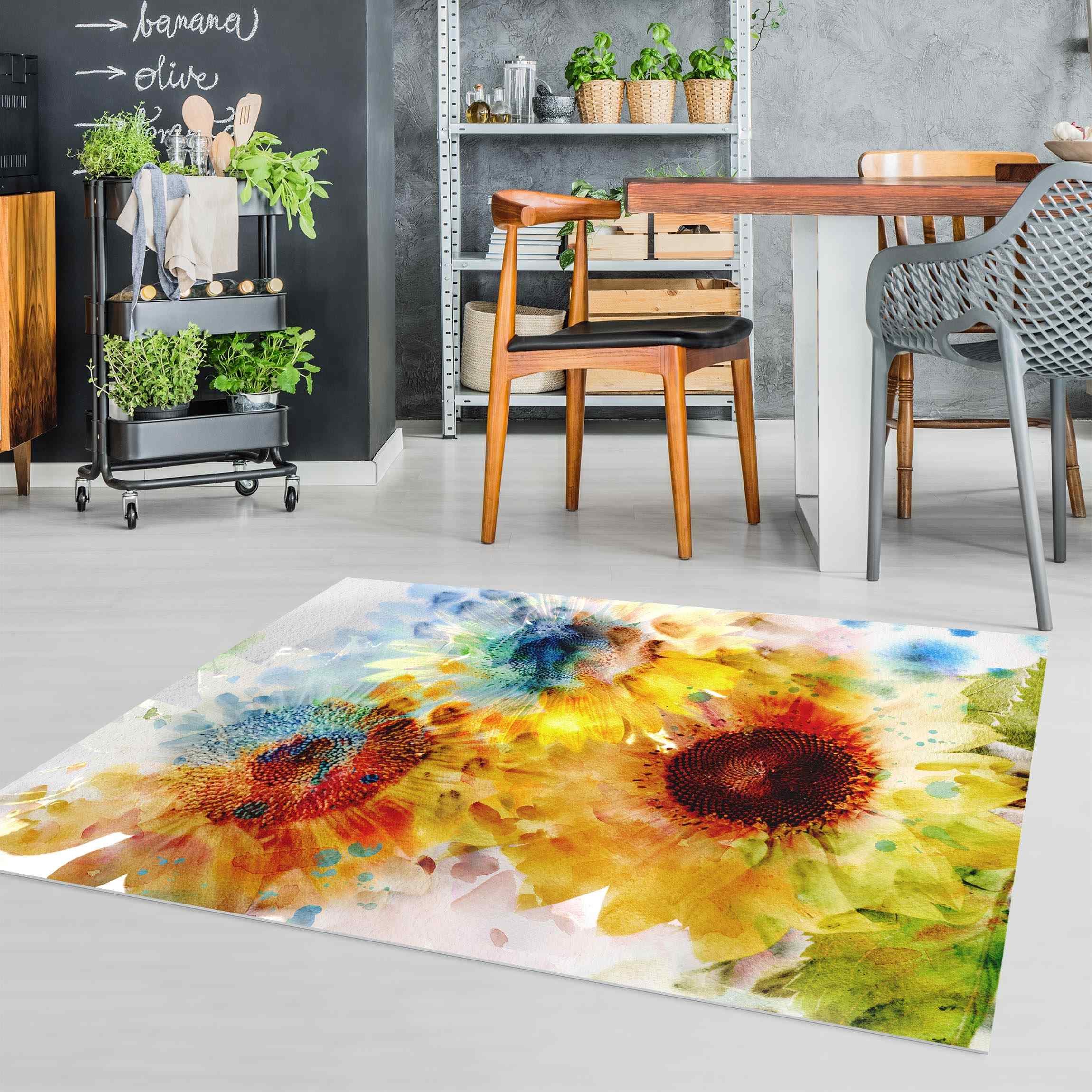 Vinylteppich Aquarell Blumen Sonnenblumen