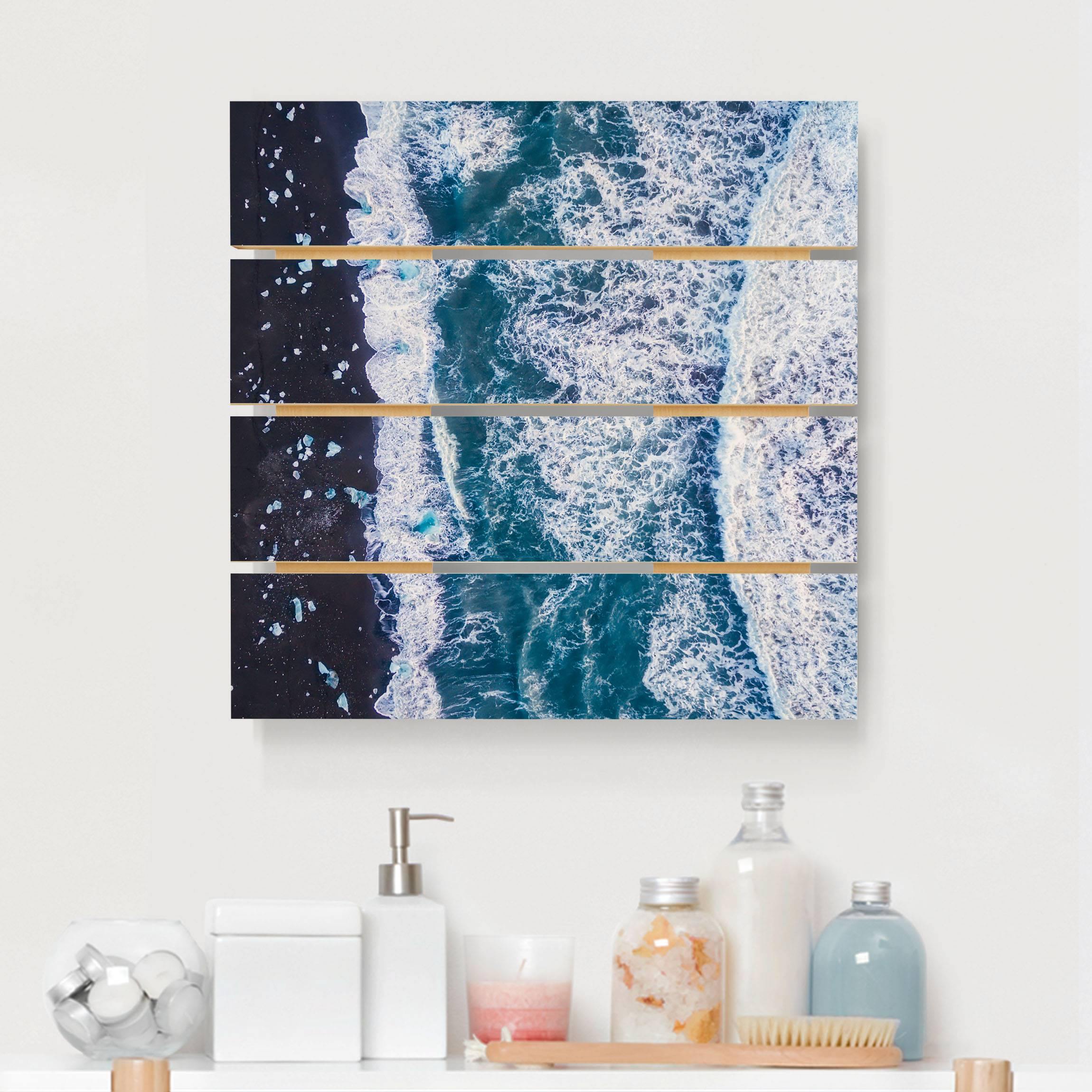 Holzbild Plankenoptik - Quadrat Luftbild - Jökulsárlón in Island vertikal