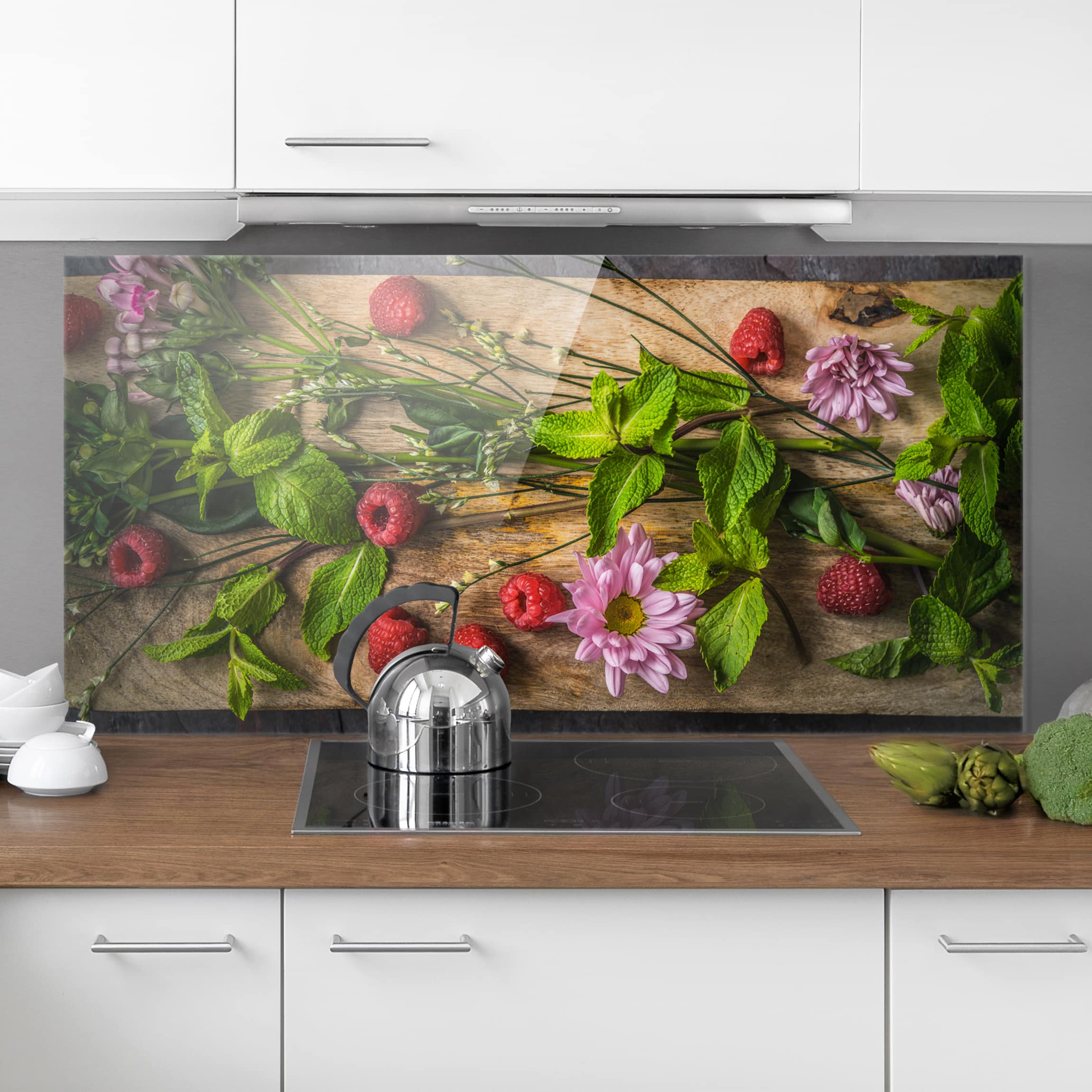 Glas Spritzschutz - Querformat 2:1 Blumen Himbeeren Minze