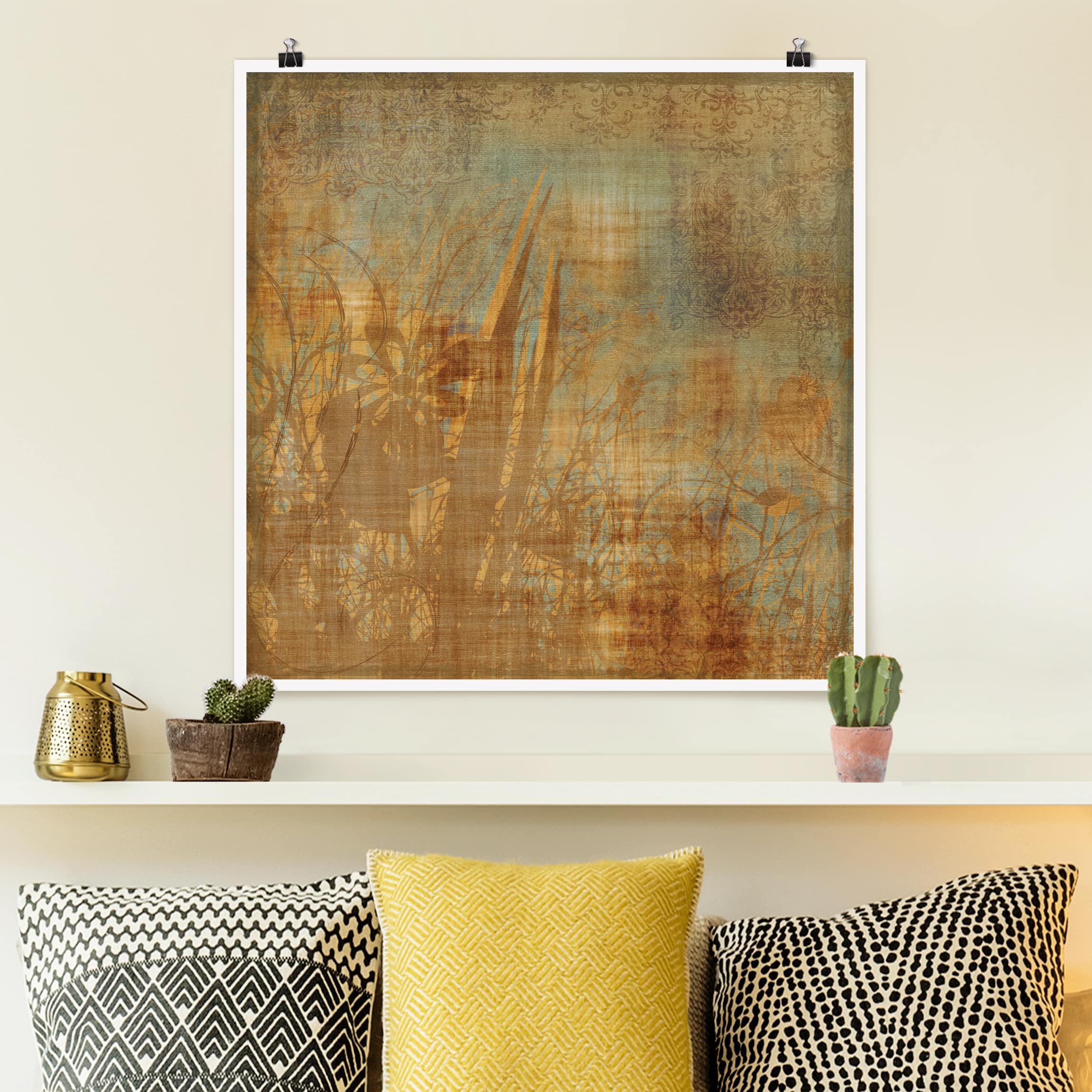 Poster - Quadrat Blumen unter Ornamentstruktur