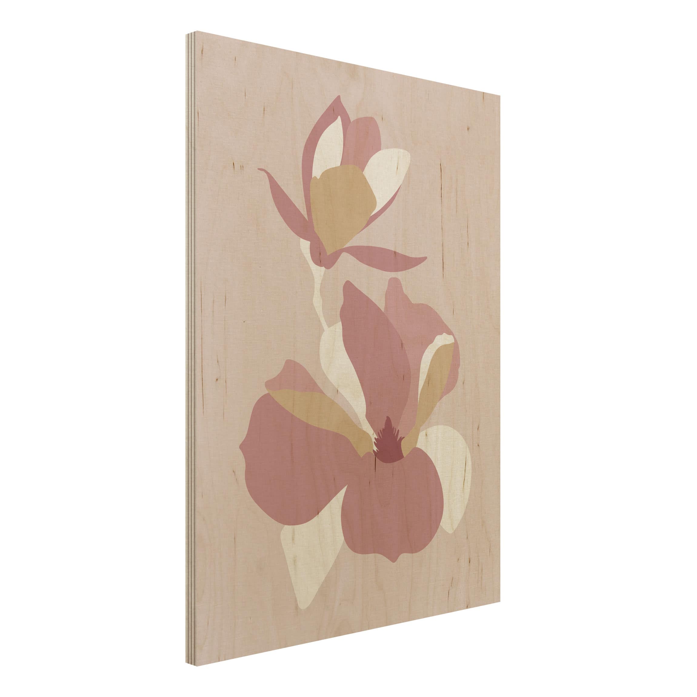 Holzbild - Hochformat 3:4 Line Art Blüten Pastell Rosa