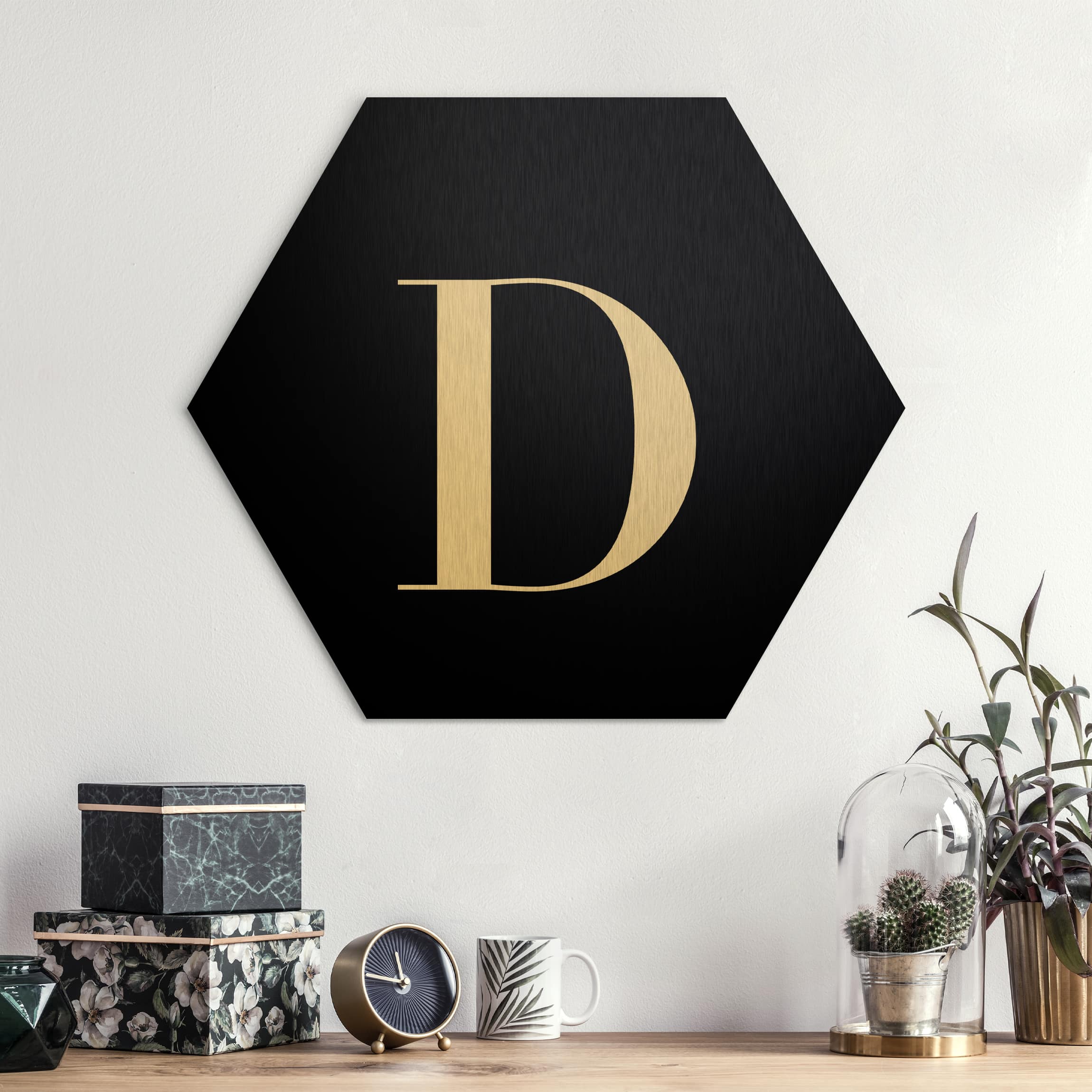 Hexagon-Alu-Dibond Bild Buchstabe Serif Schwarz D
