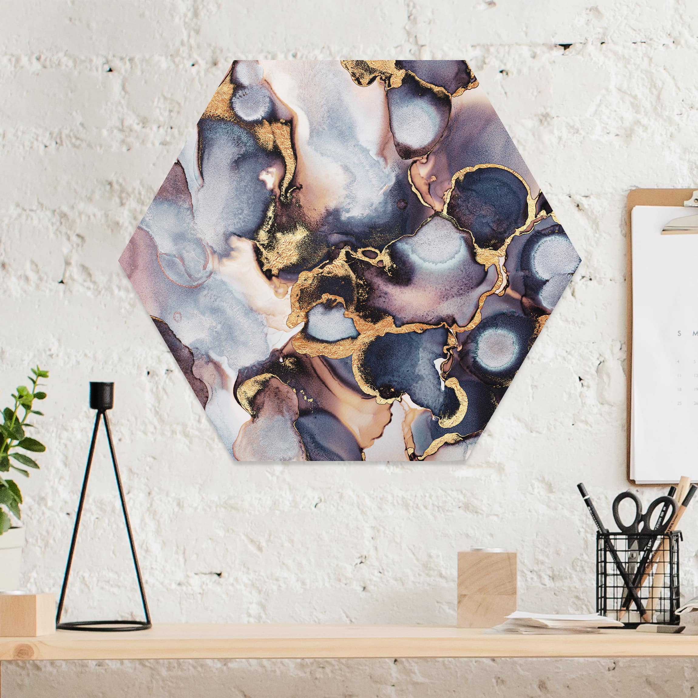 Hexagon-Forexbild Marmor Aquarell mit Gold