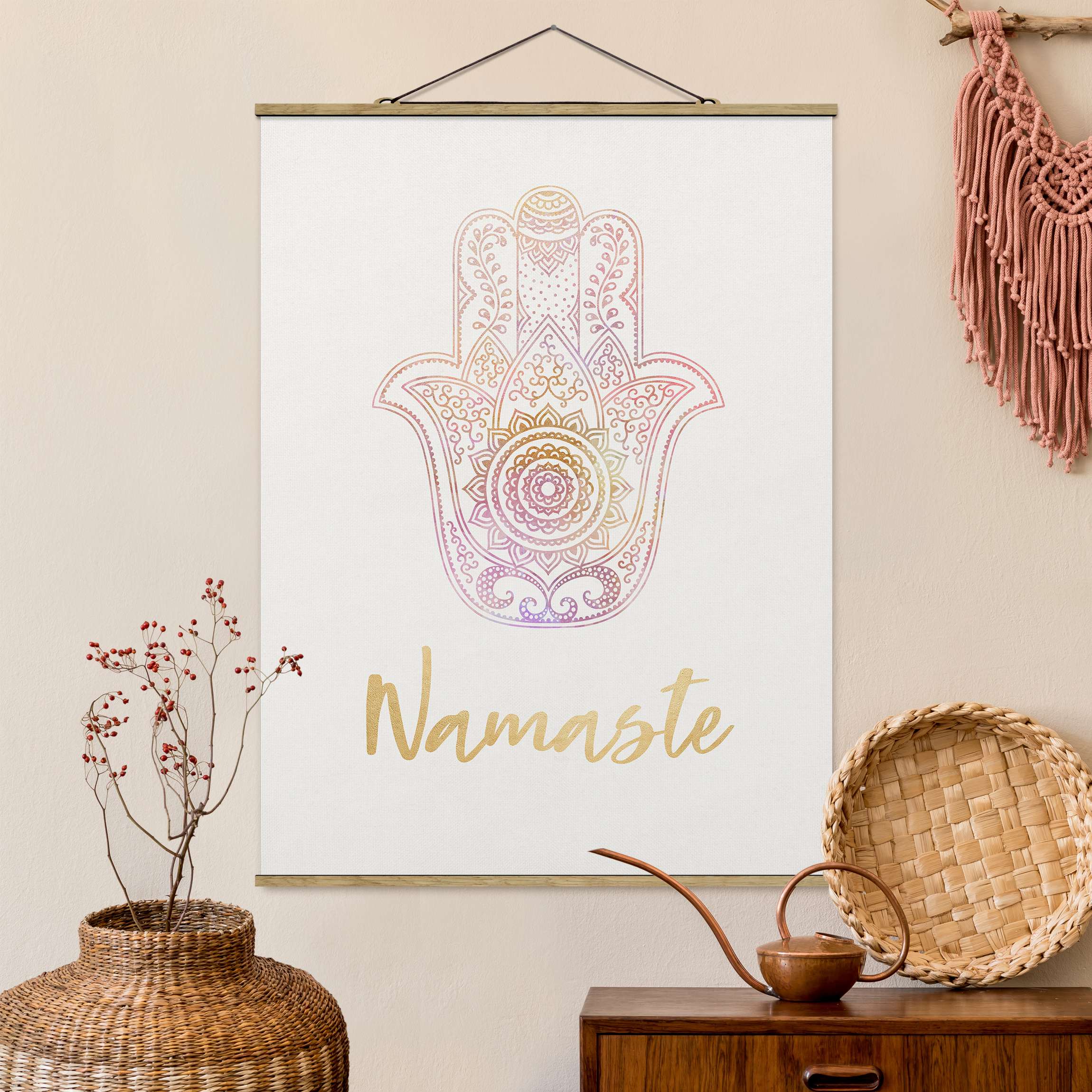 Stoffbild mit Posterleisten Hamsa Hand Illustration Namaste gold rosa