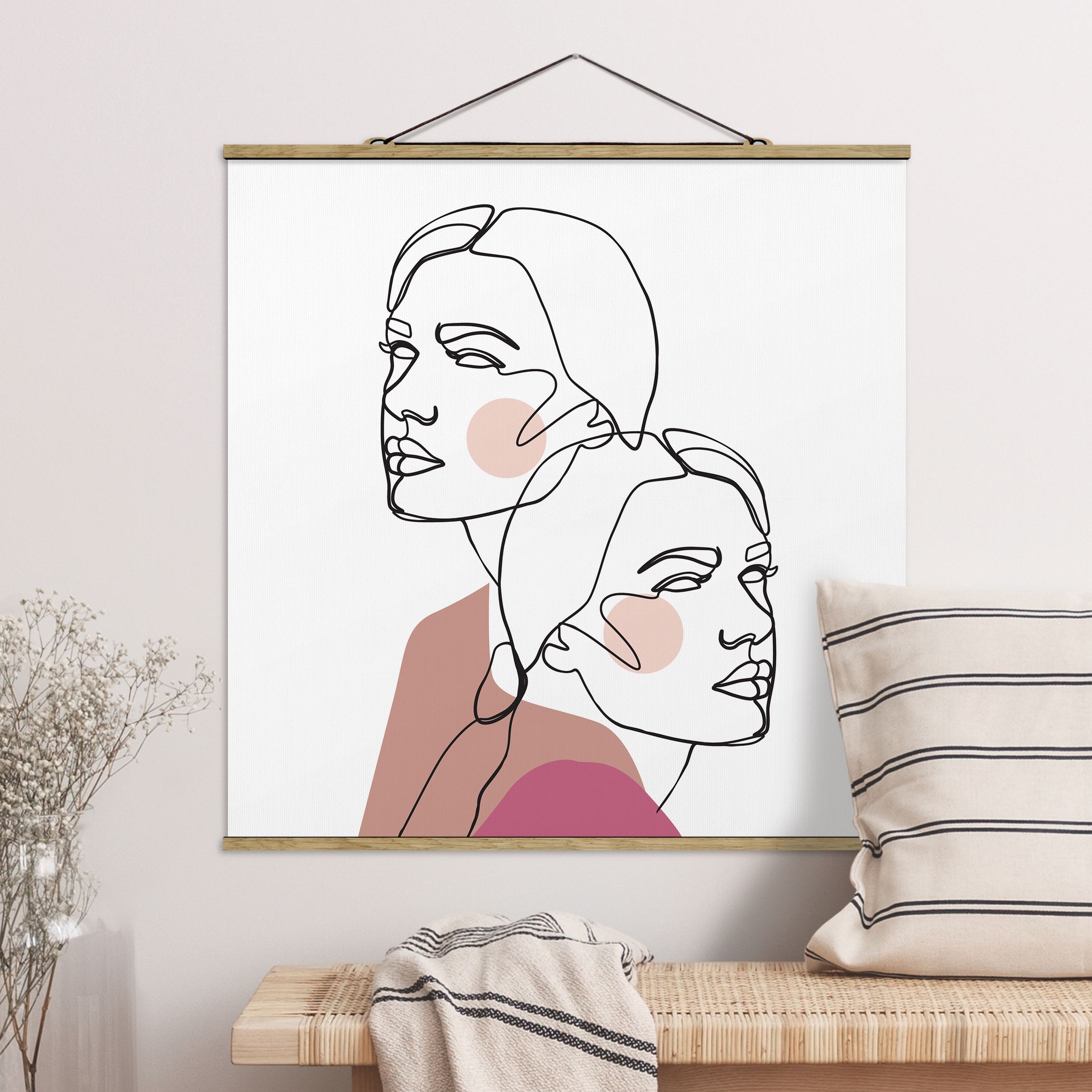 Stoffbild mit Posterleisten Line Art Frauen Portrait Wangen Rosa