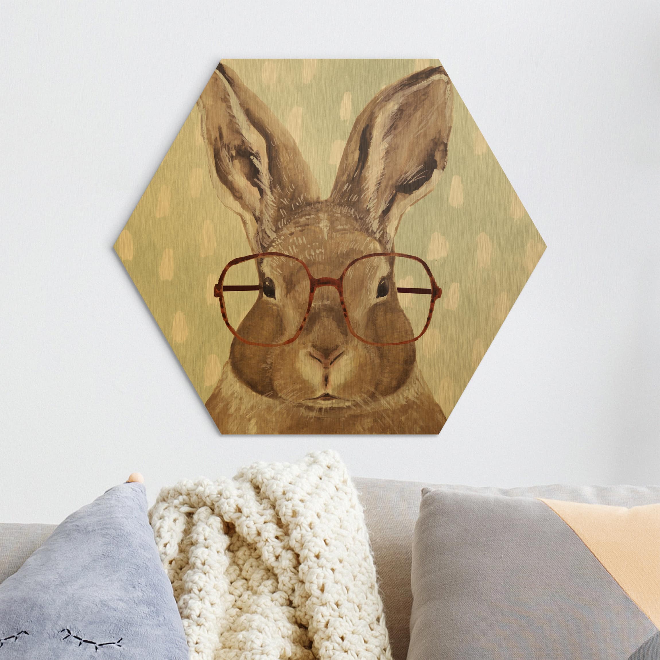 Hexagon-Alu-Dibond Bild Bebrillte Tiere - Hase