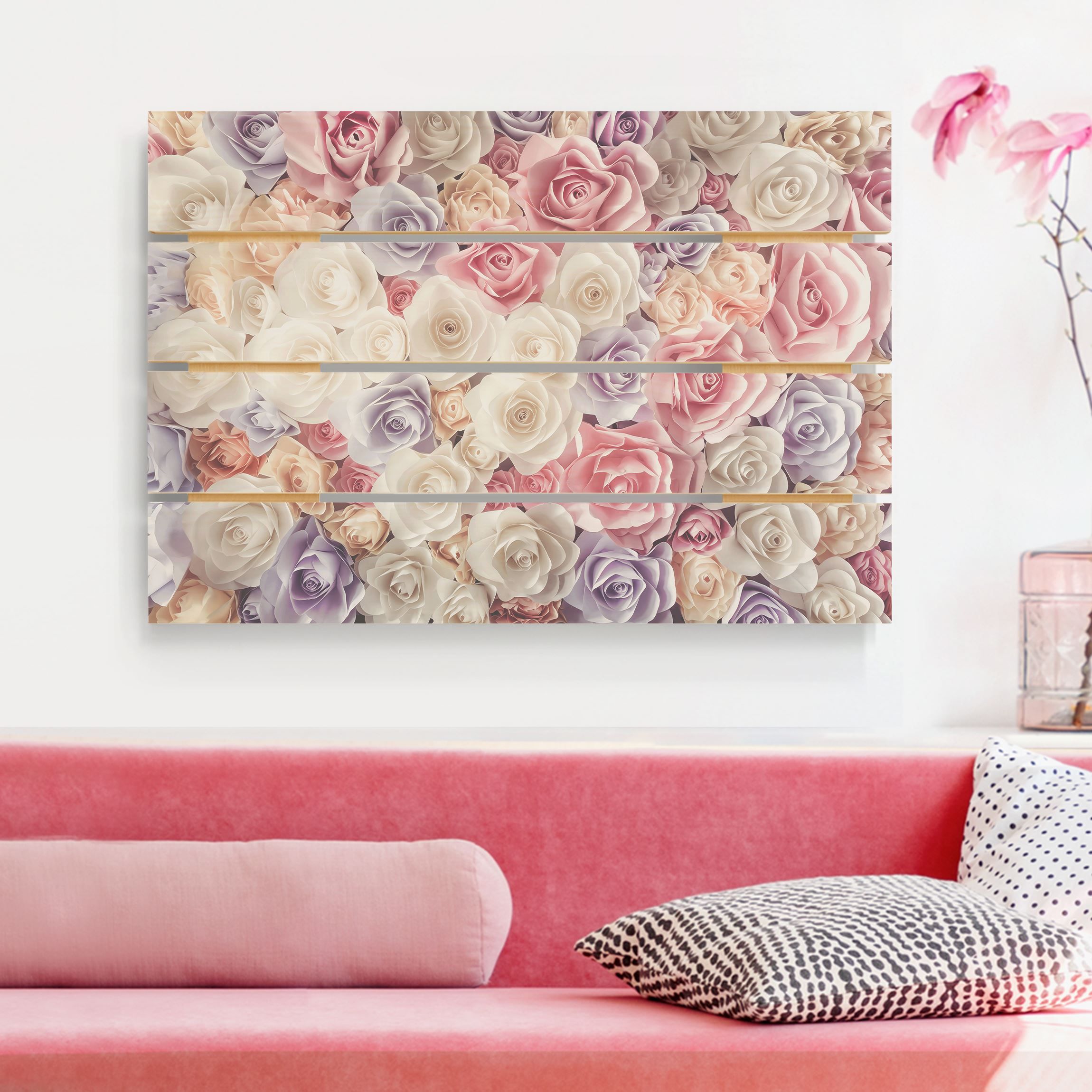 Holzbild Plankenoptik - Querformat Pastell Paper Art Rosen