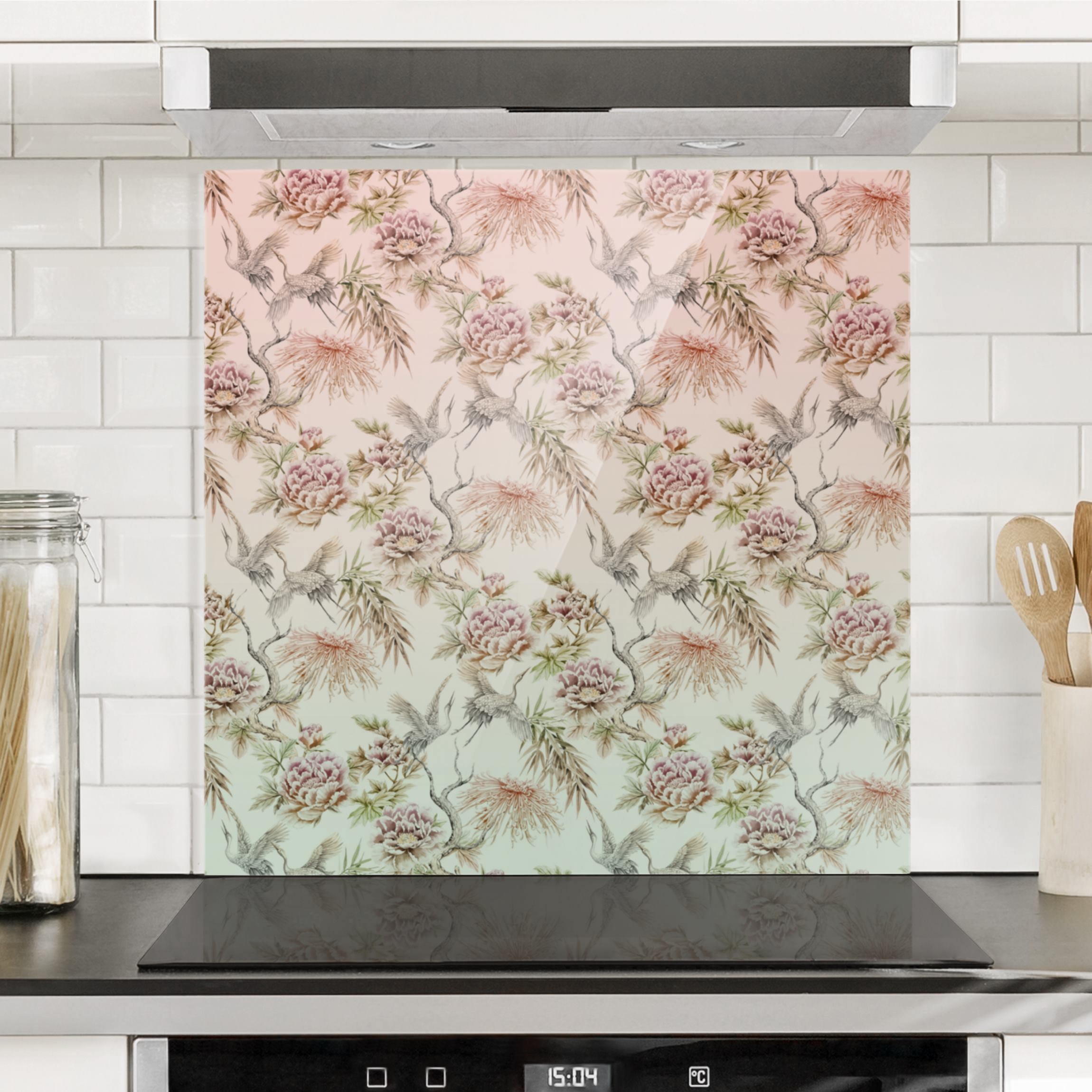 Spritzschutz Aquarell Vögel mit großen Blüten in Ombre