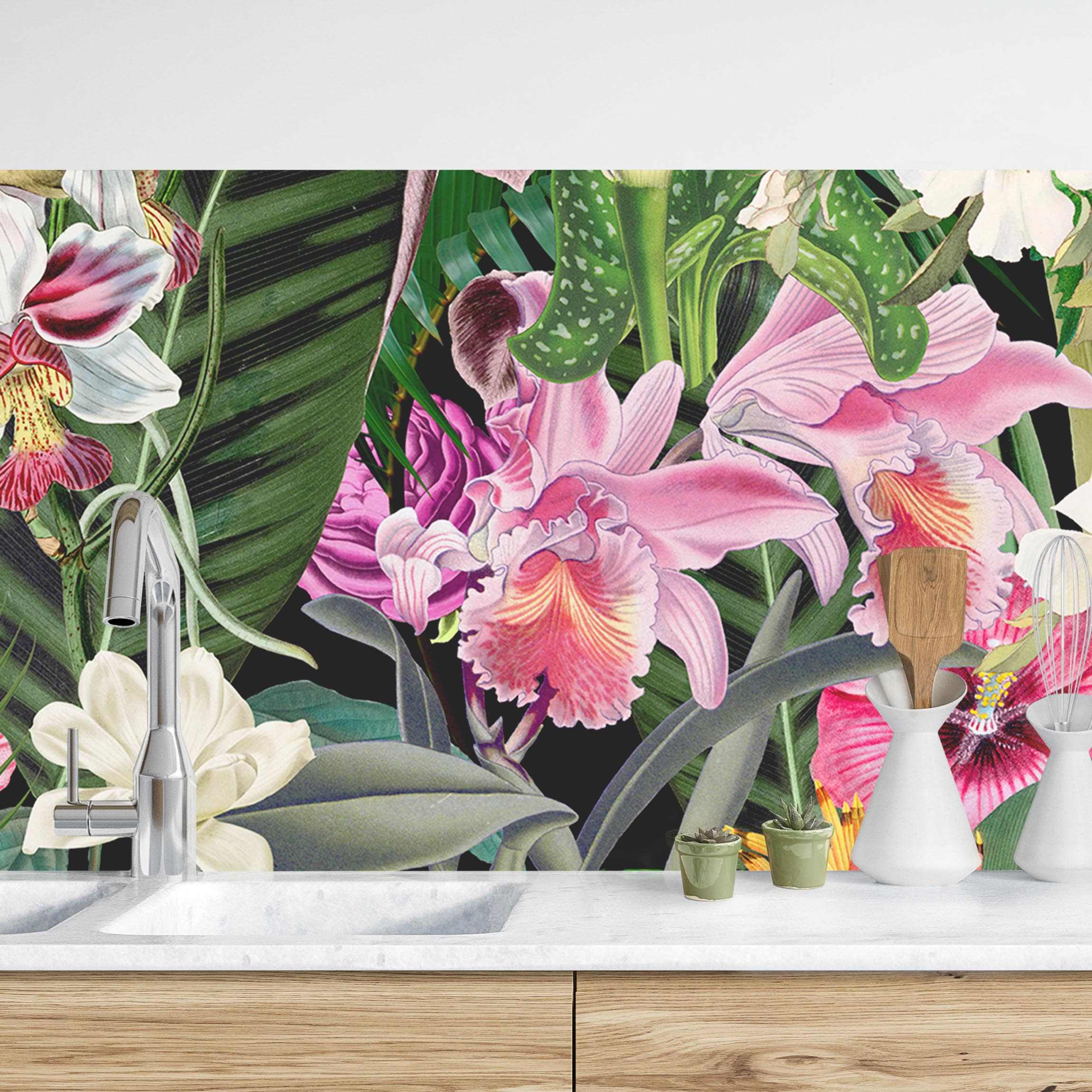 Küchenrückwand Bunte tropische Blumen Collage II