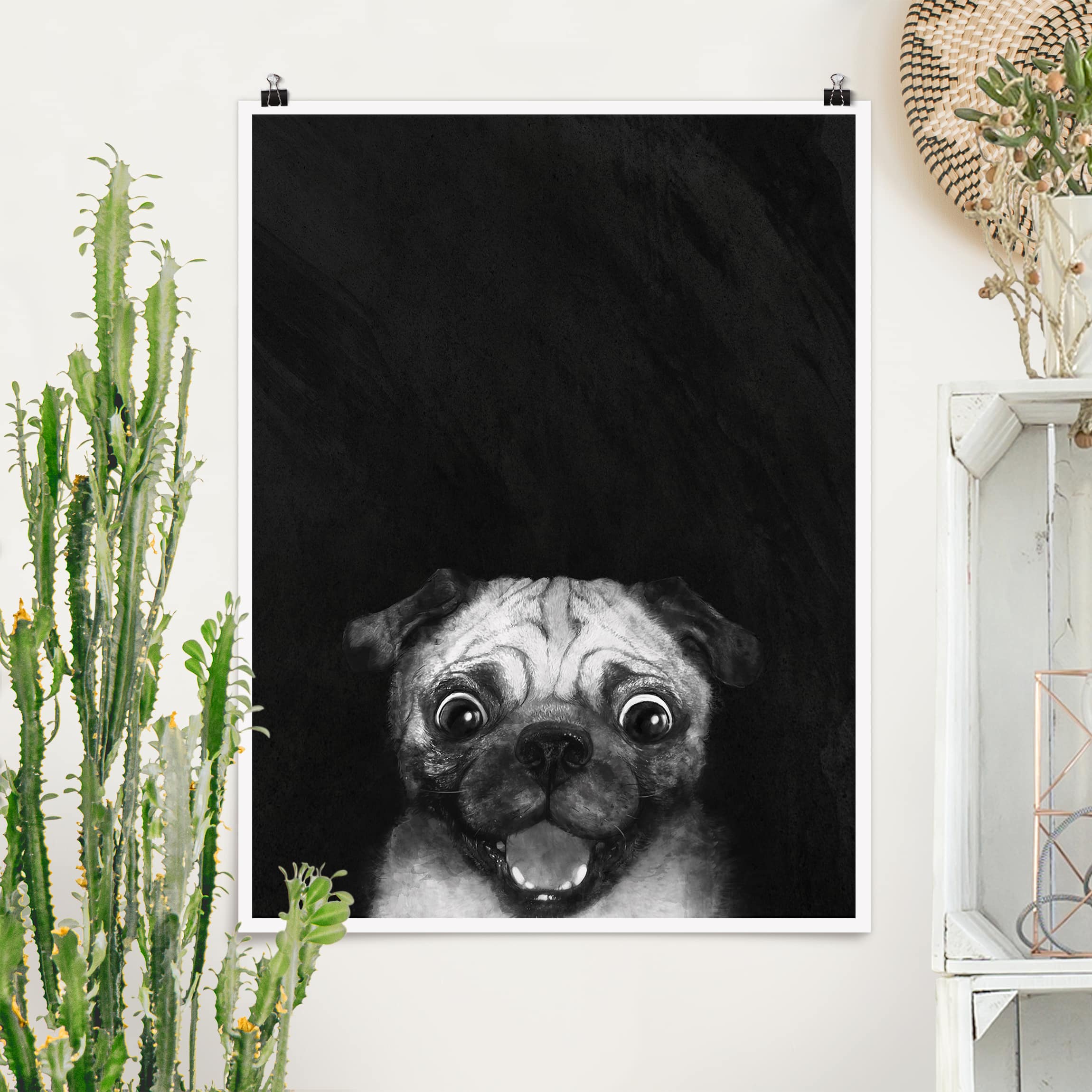 Poster - Hochformat Illustration Hund Mops Malerei auf Schwarz Weiß