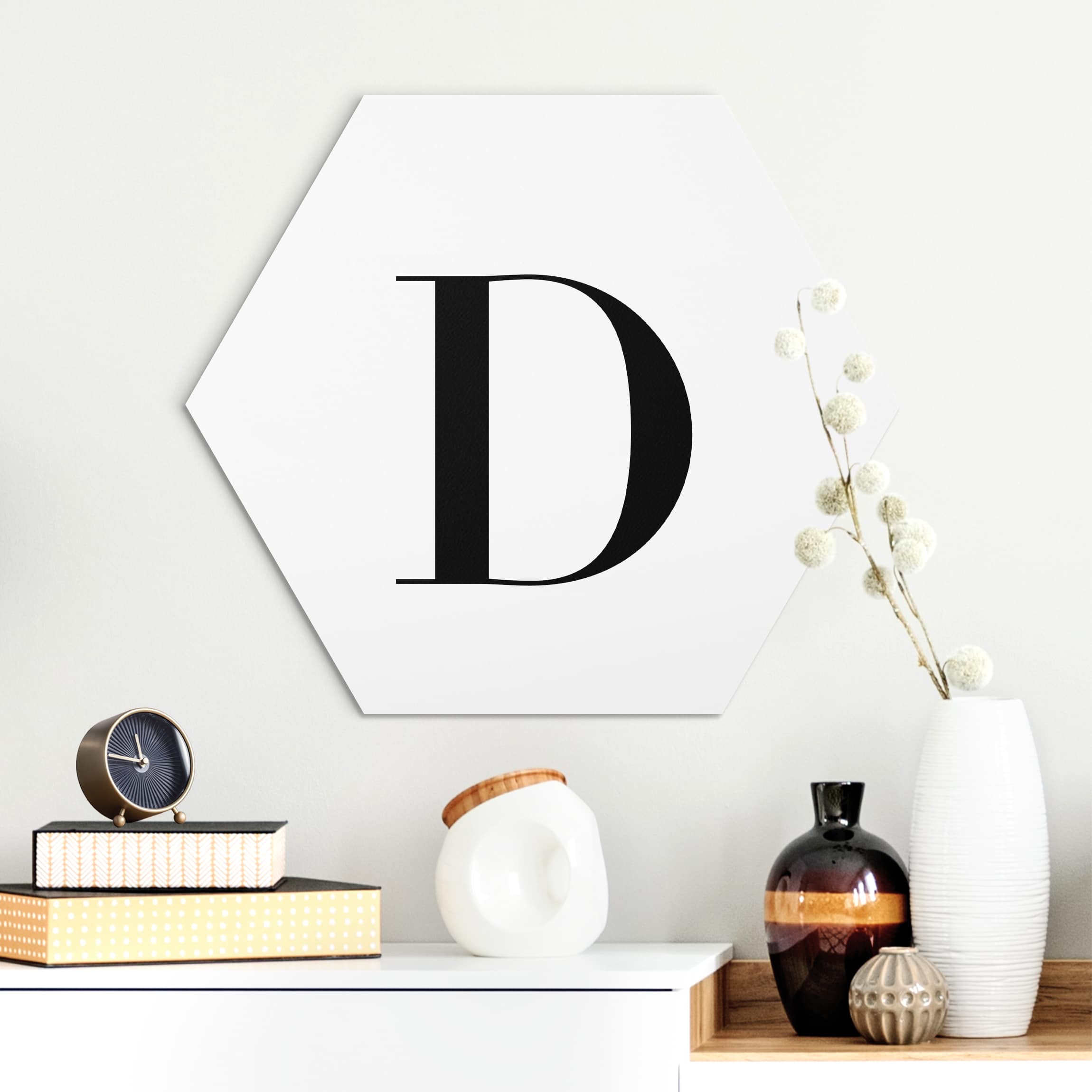 Hexagon-Alu-Dibond Bild Buchstabe Serif Weiß D