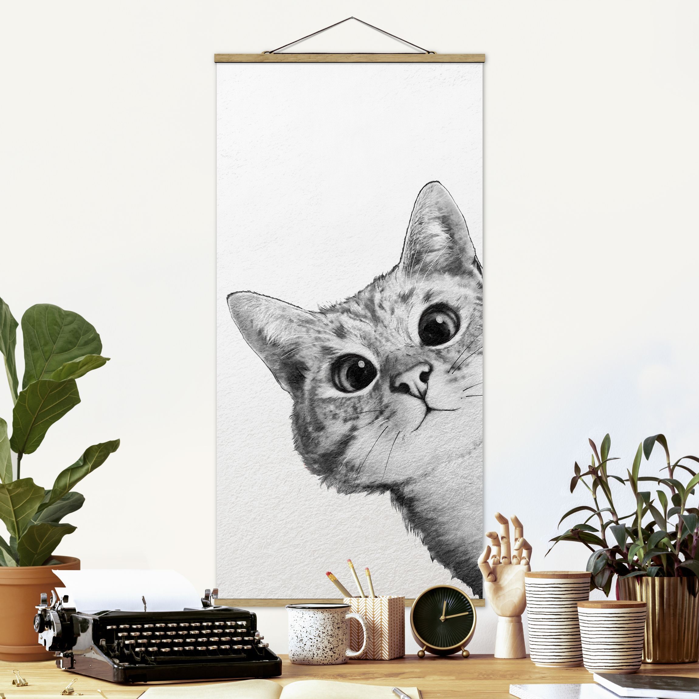 Stoffbild - Hochformat Illustration Katze Zeichnung Schwarz Weiß