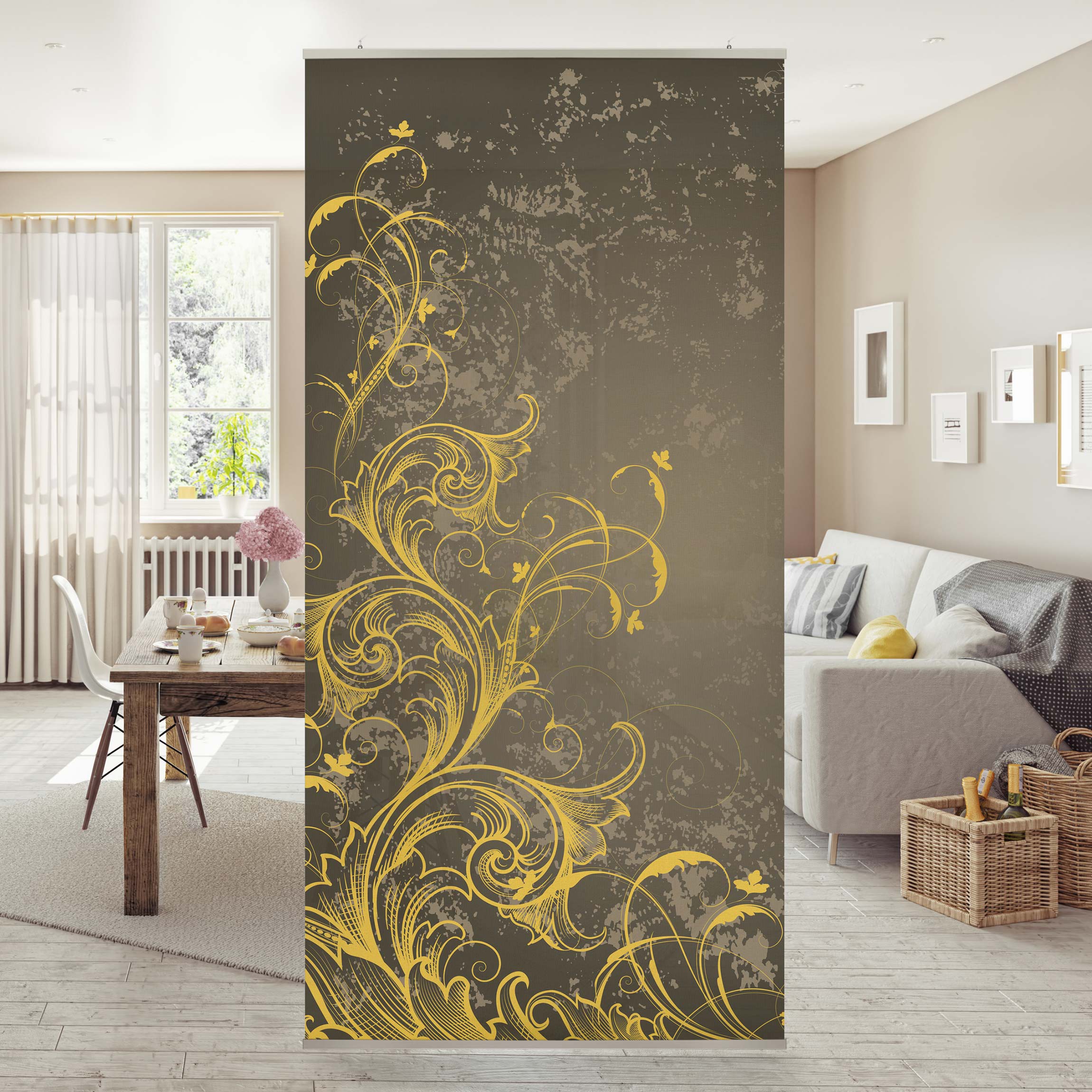 Raumteiler Schnörkel in Gold und Silber