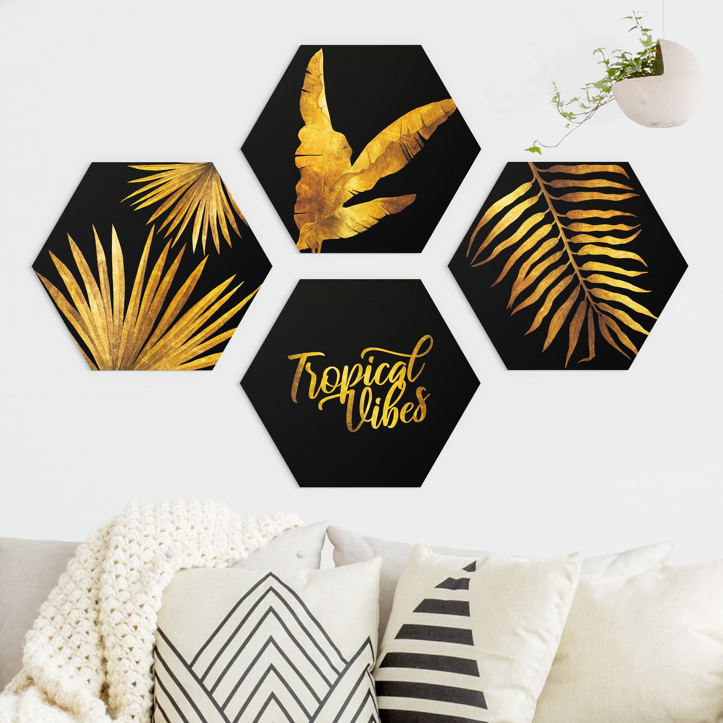 4-teiliges Hexagon-Alu-Dibond Bild Gold - Tropical Vibes auf Schwarz Set II