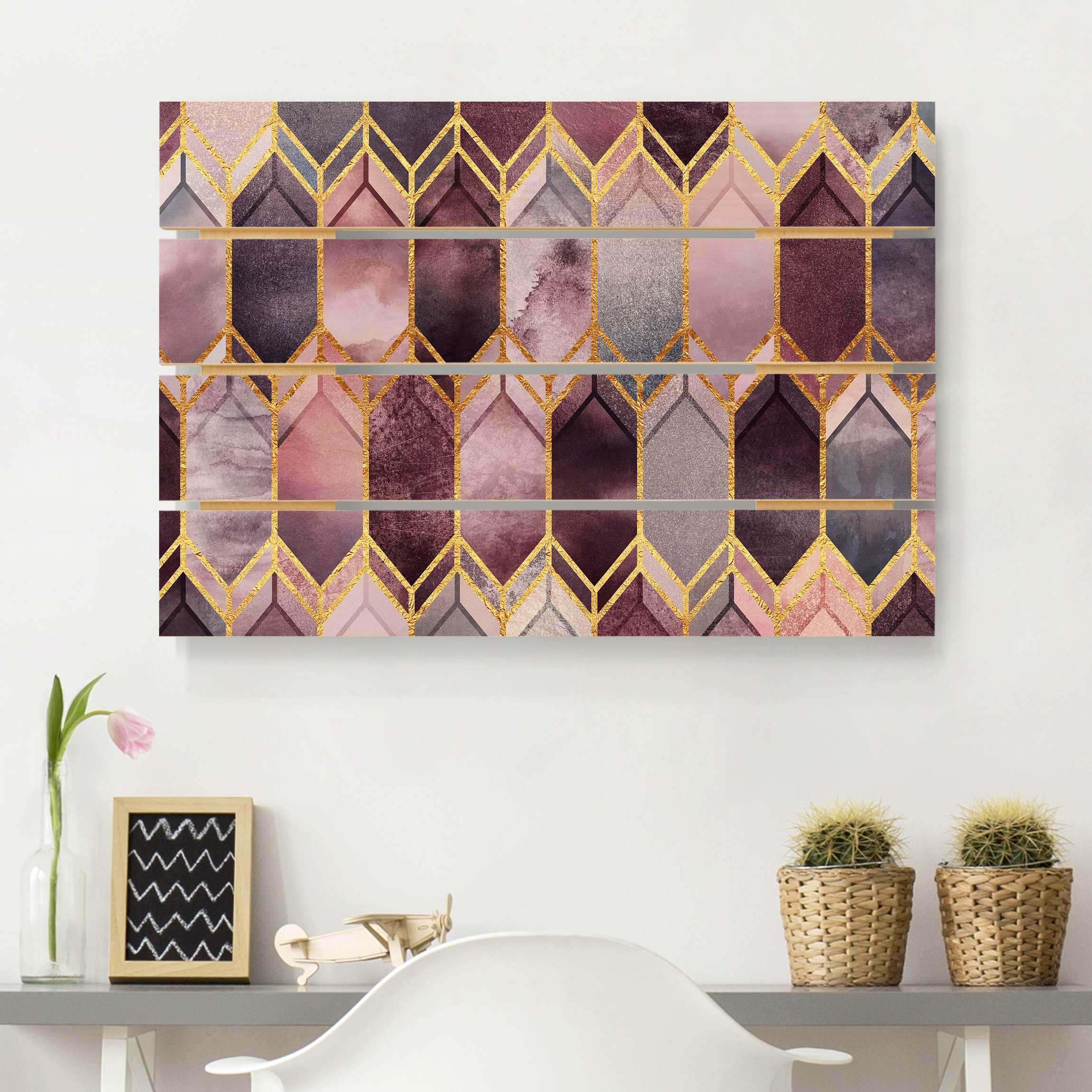 Holzbild Plankenoptik - Querformat Glasmalerei geometrisch Rosé Gold