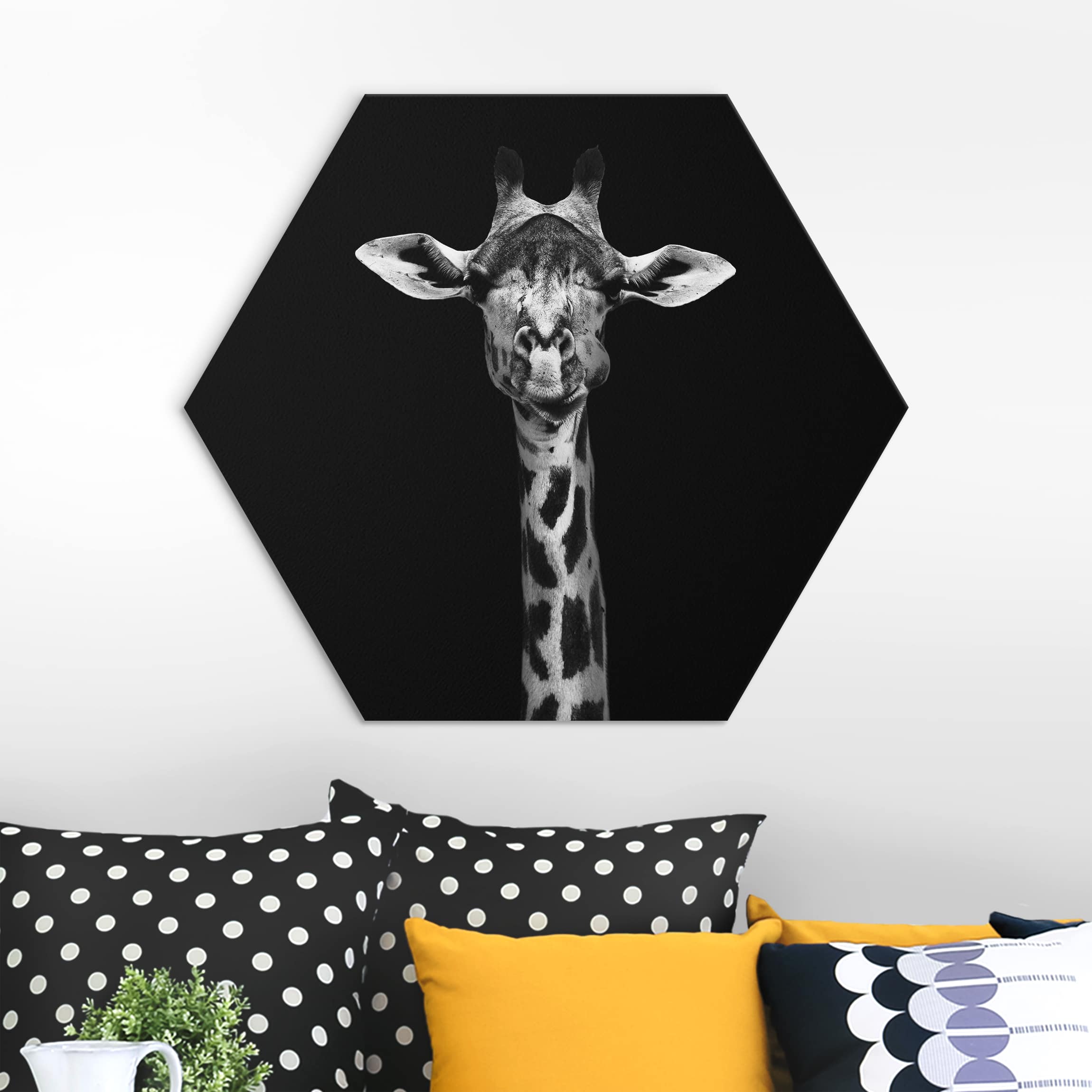 Hexagon-Alu-Dibond Bild Dunkles Giraffen Portrait