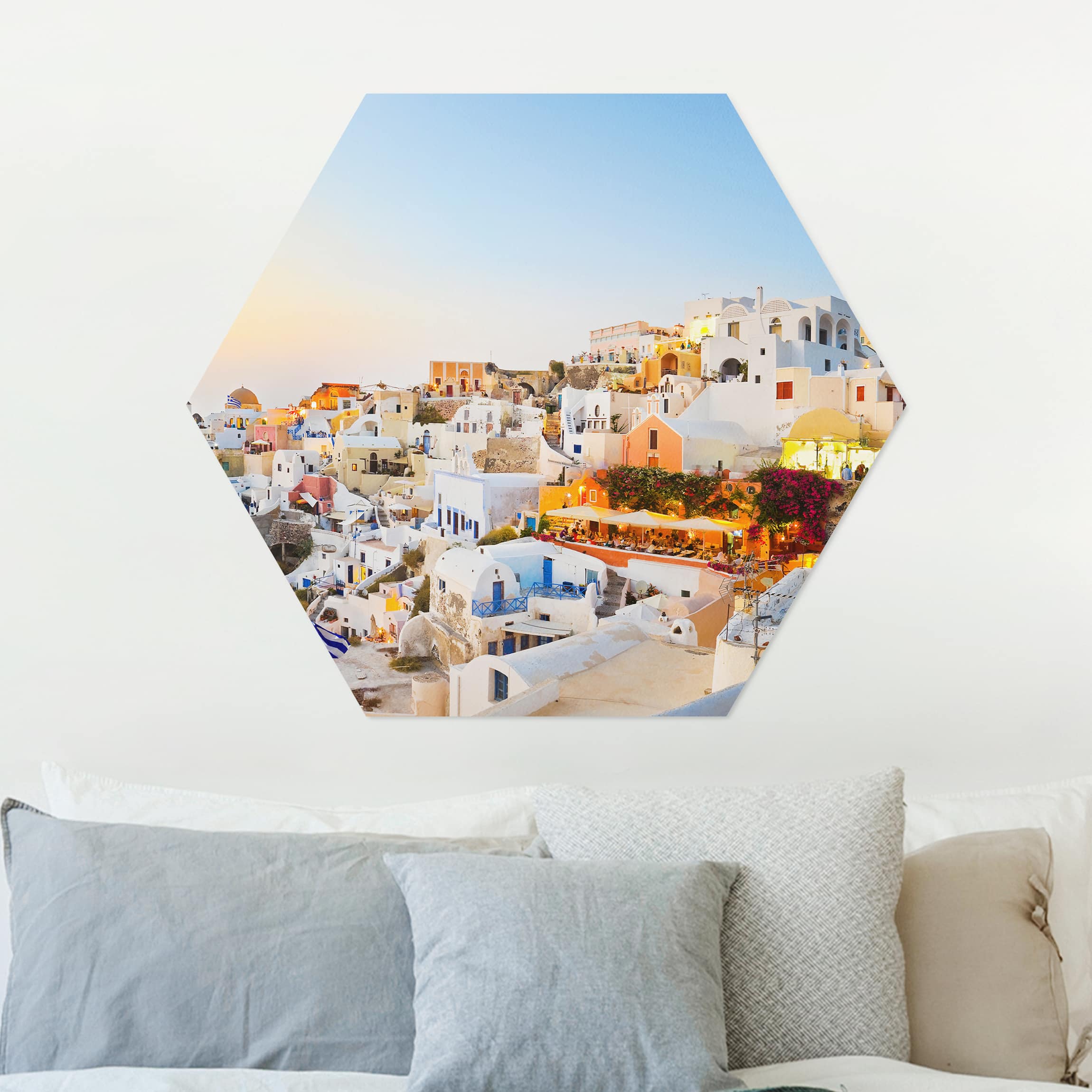 Hexagon-Alu-Dibond Bild Strahlendes Santorin