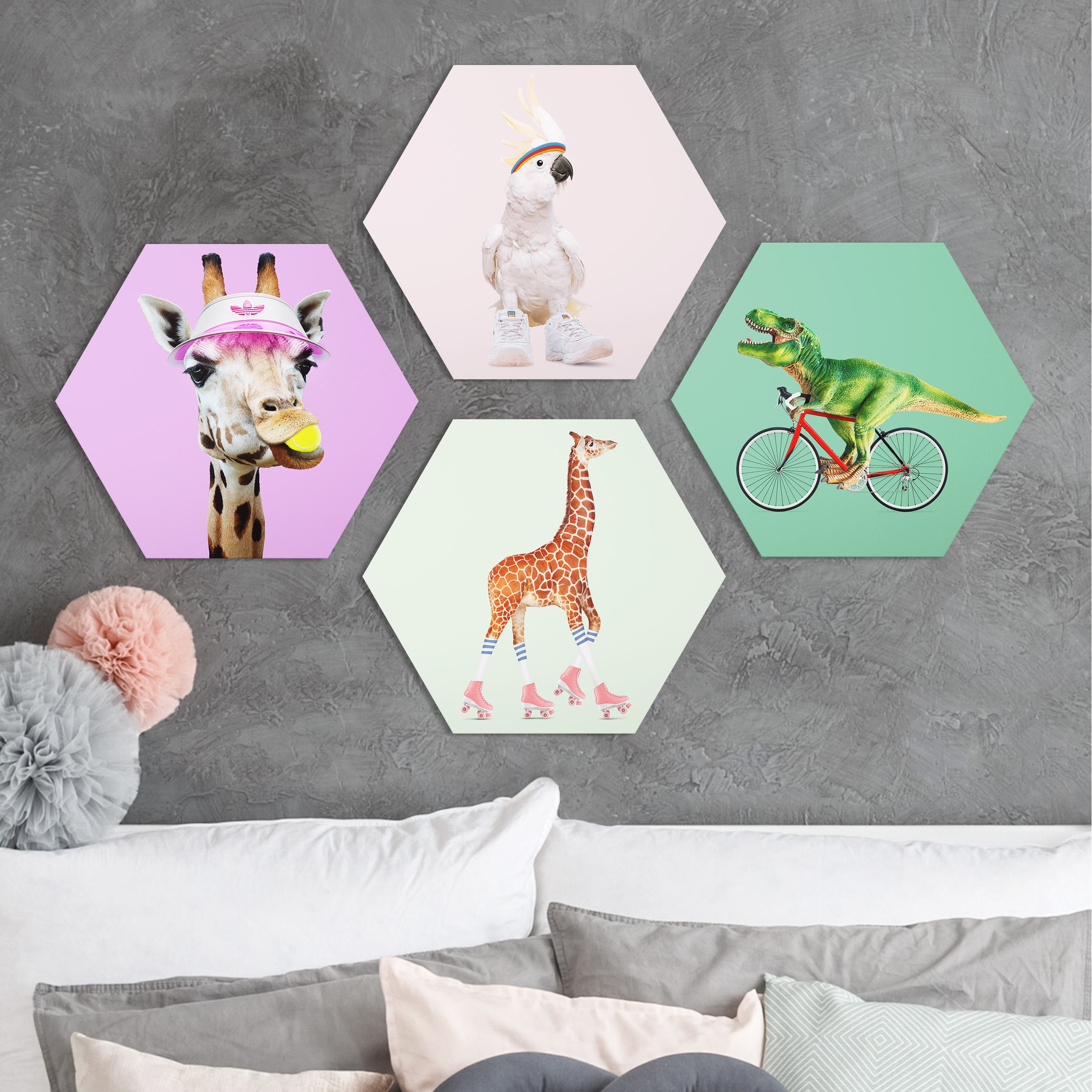 4-teiliges Hexagon-Forexbild Giraffen Dino Kakadu Sport Set II