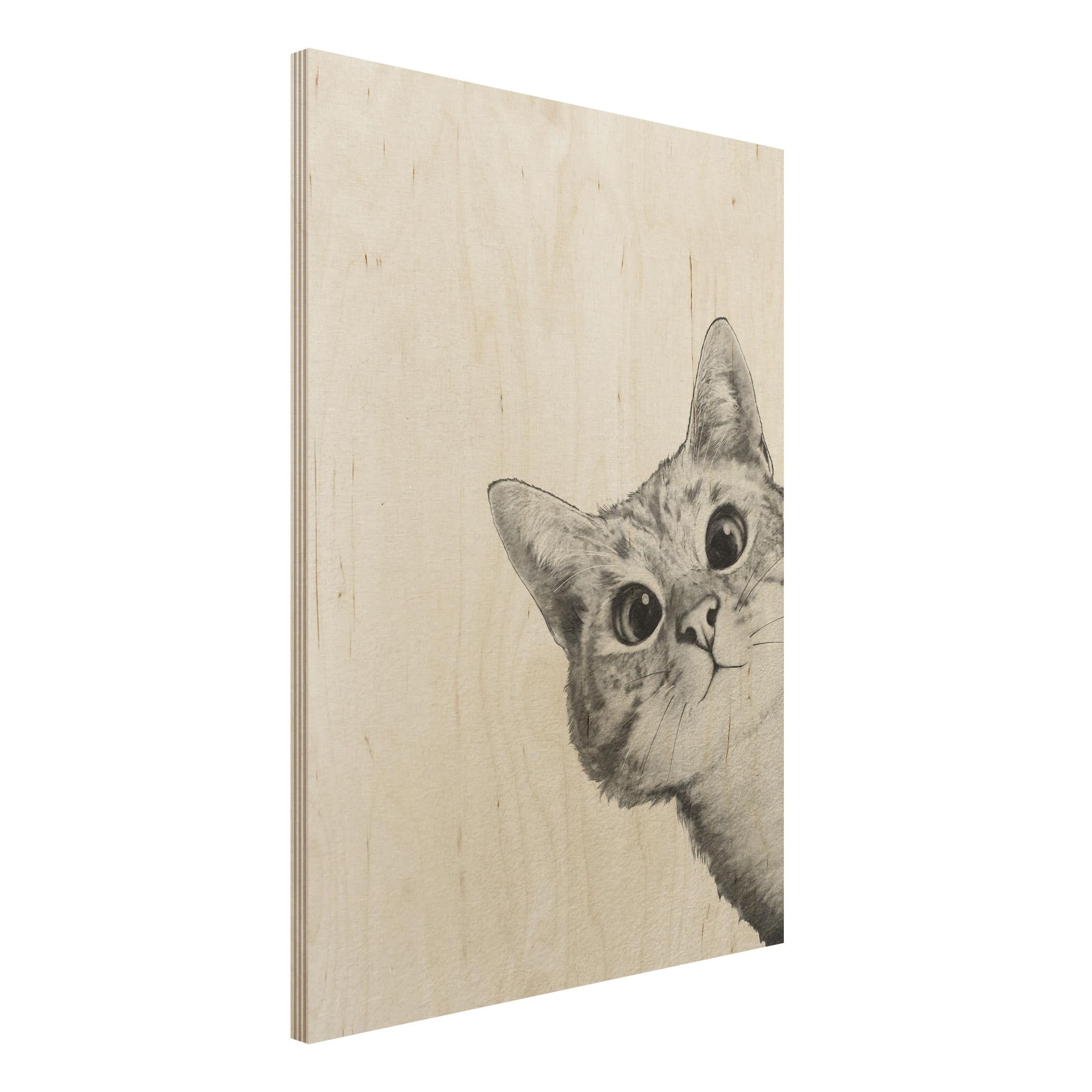 Holzbild Illustration Katze Zeichnung Schwarz Weiß