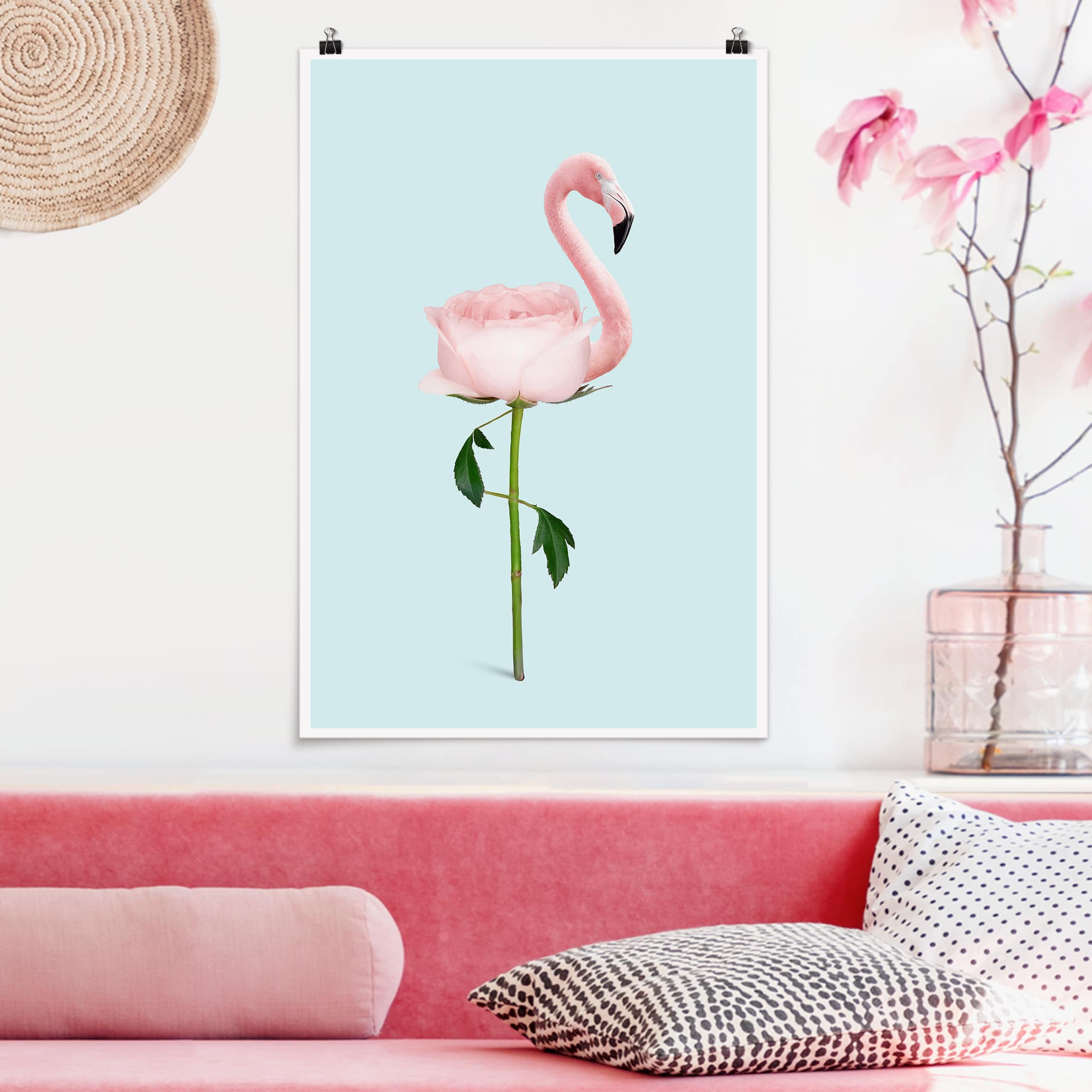 Poster - Hochformat Flamingo mit Rose
