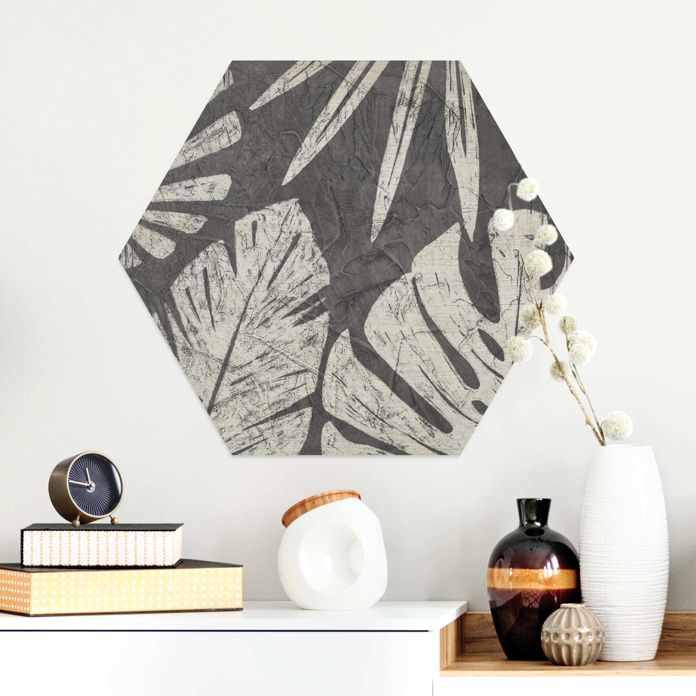 Hexagon-Alu-Dibond Bild Palmenblätter vor Dunkelgrau