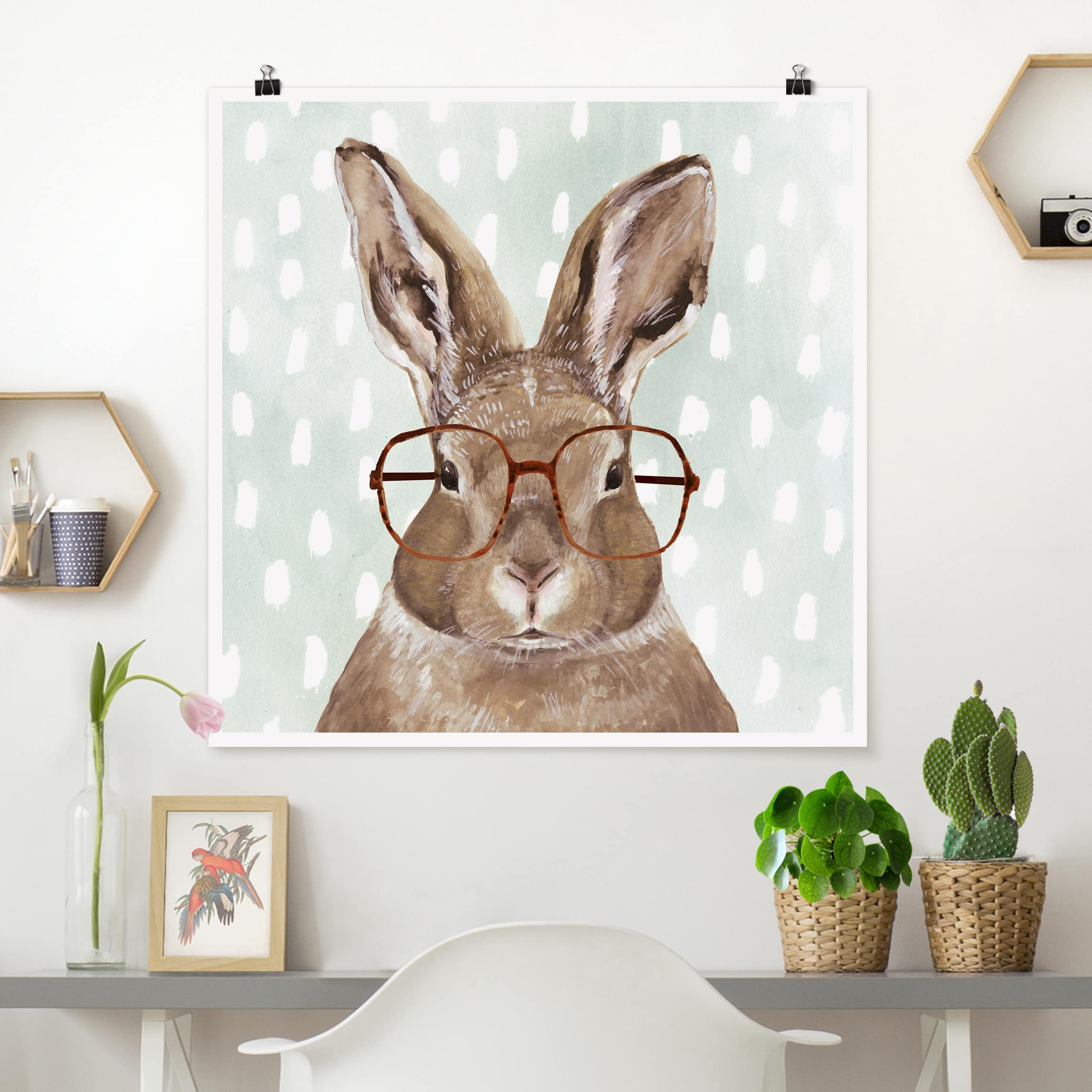Poster - Quadrat Bebrillte Tiere - Hase