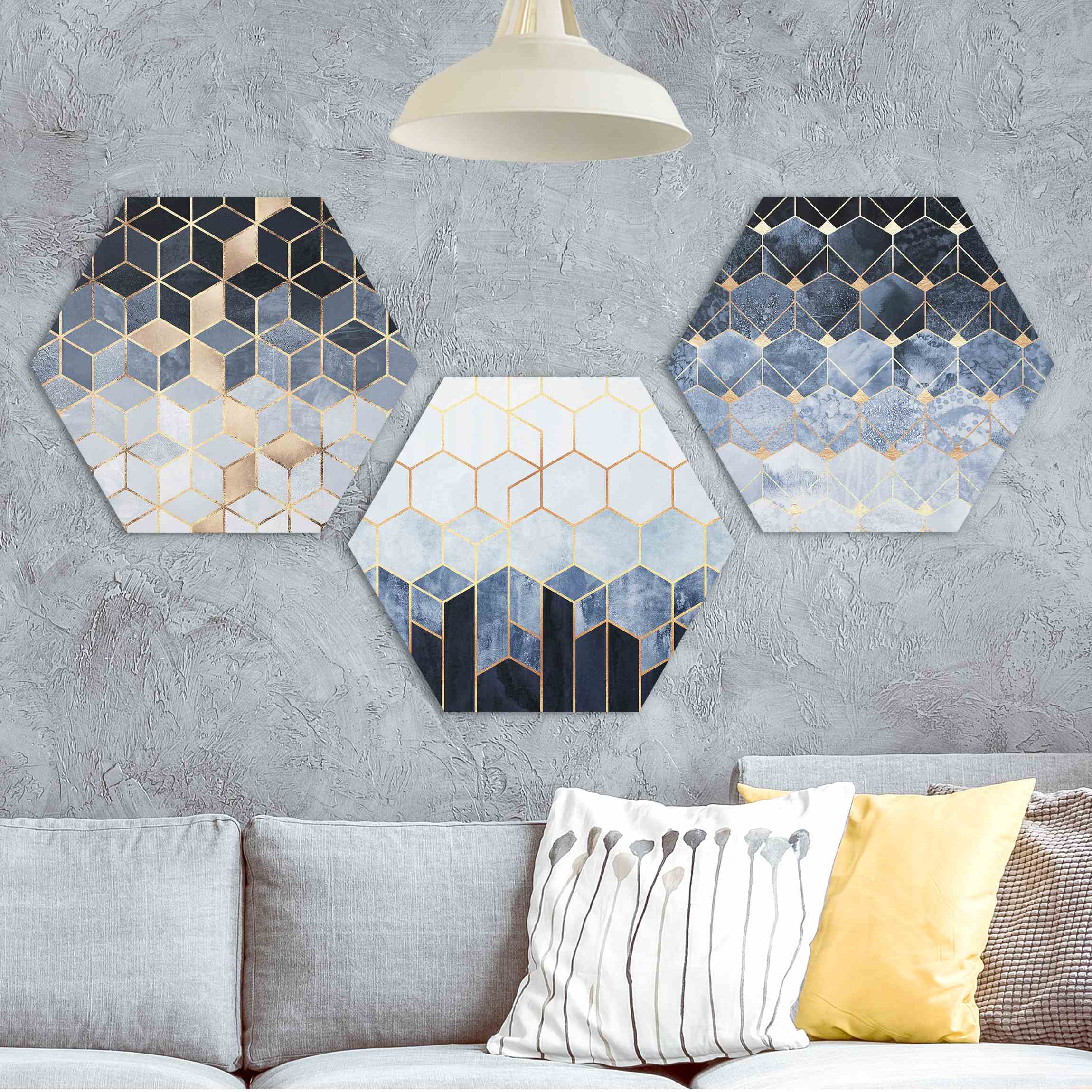 3-teiliges Hexagon-Alu-Dibond Bild Blau Weiß goldene Sechsecke Set