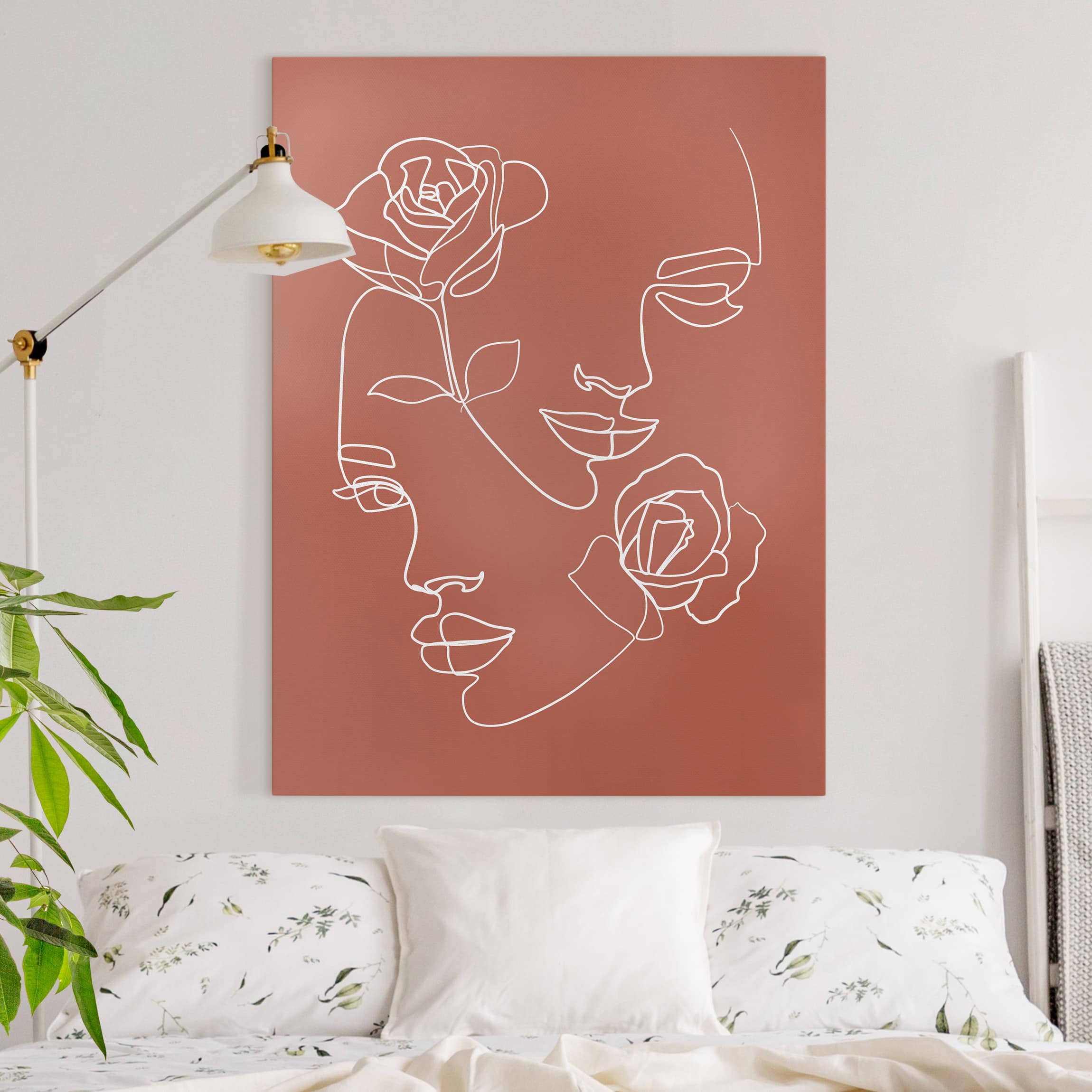 Leinwandbild - Hochformat Line Art Gesichter Frauen Rosen Kupfer
